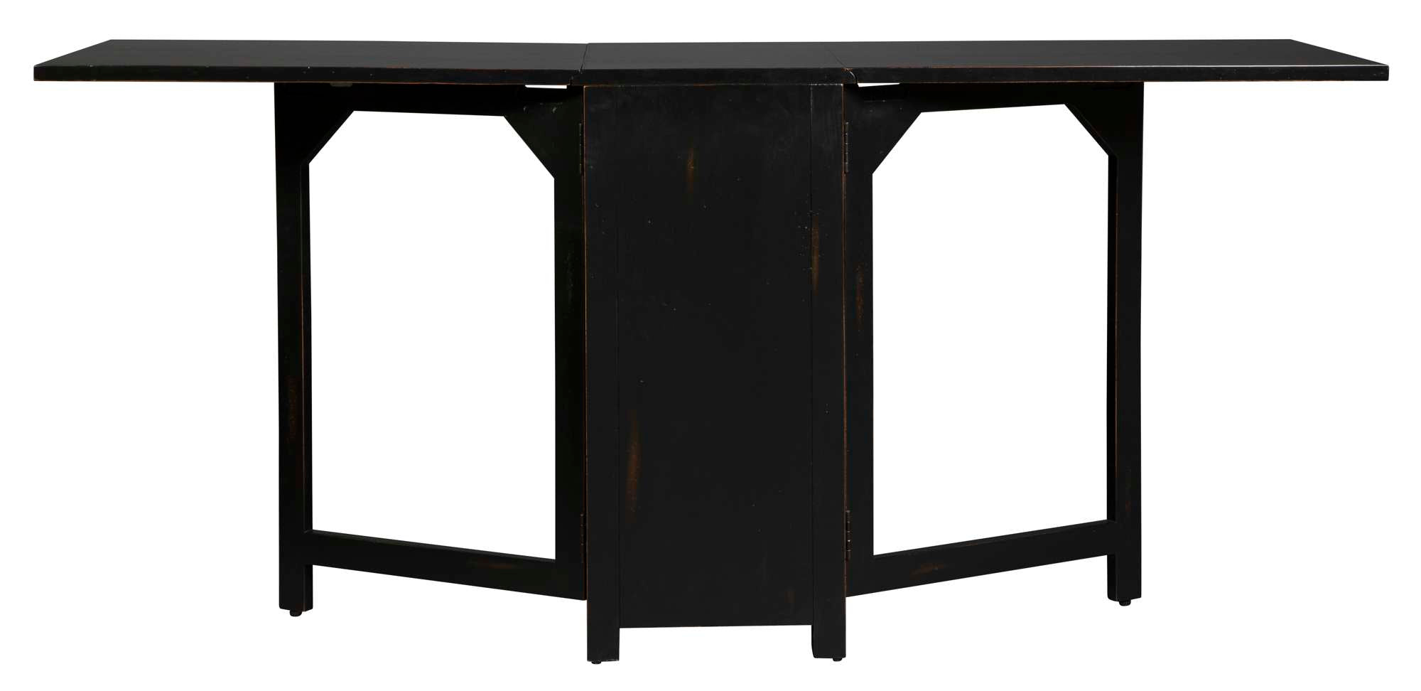 Black drop leaf desk with expanded side panels, minimalist design, and sturdy rectangular legs for versatile workspace use