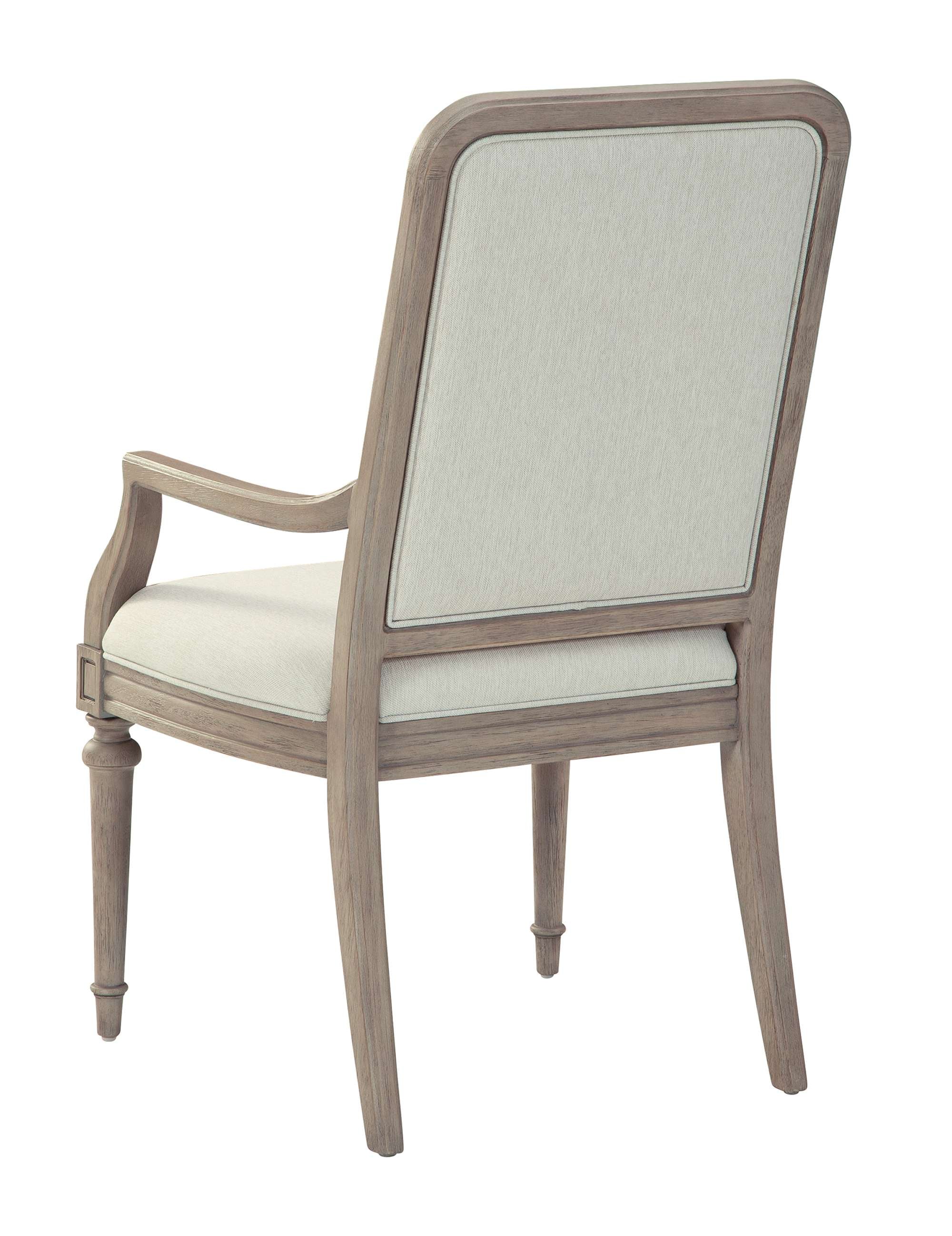 Wellington Estates upholstered dining arm chair with driftwood finish and heavy weight linen back and seat upholstery