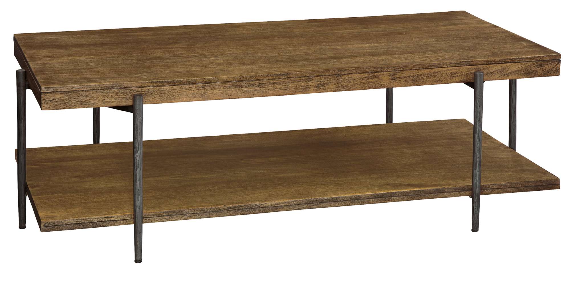 Bedford Park coffee table with solid mango slab top and lower shelf, forged iron base and hardware, Bedford finish