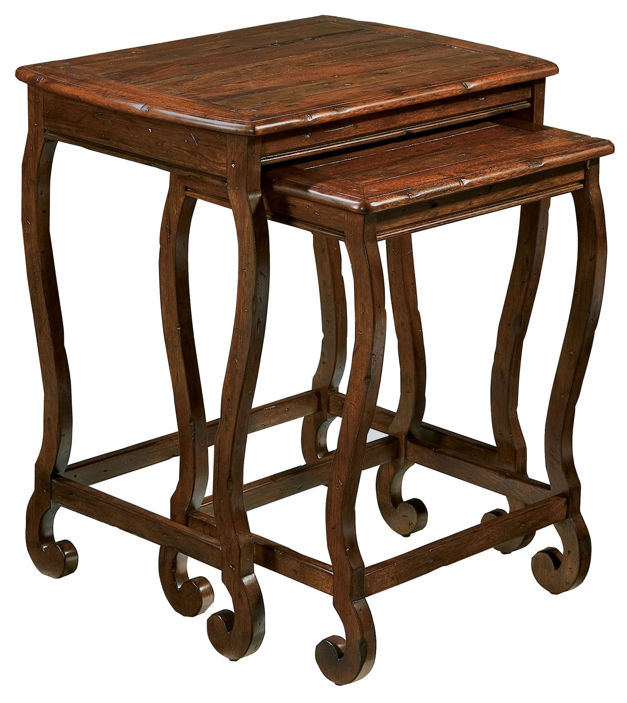 Rue De Bac nesting tables in cognac finish with hand-planed mahogany top and curved wood legs