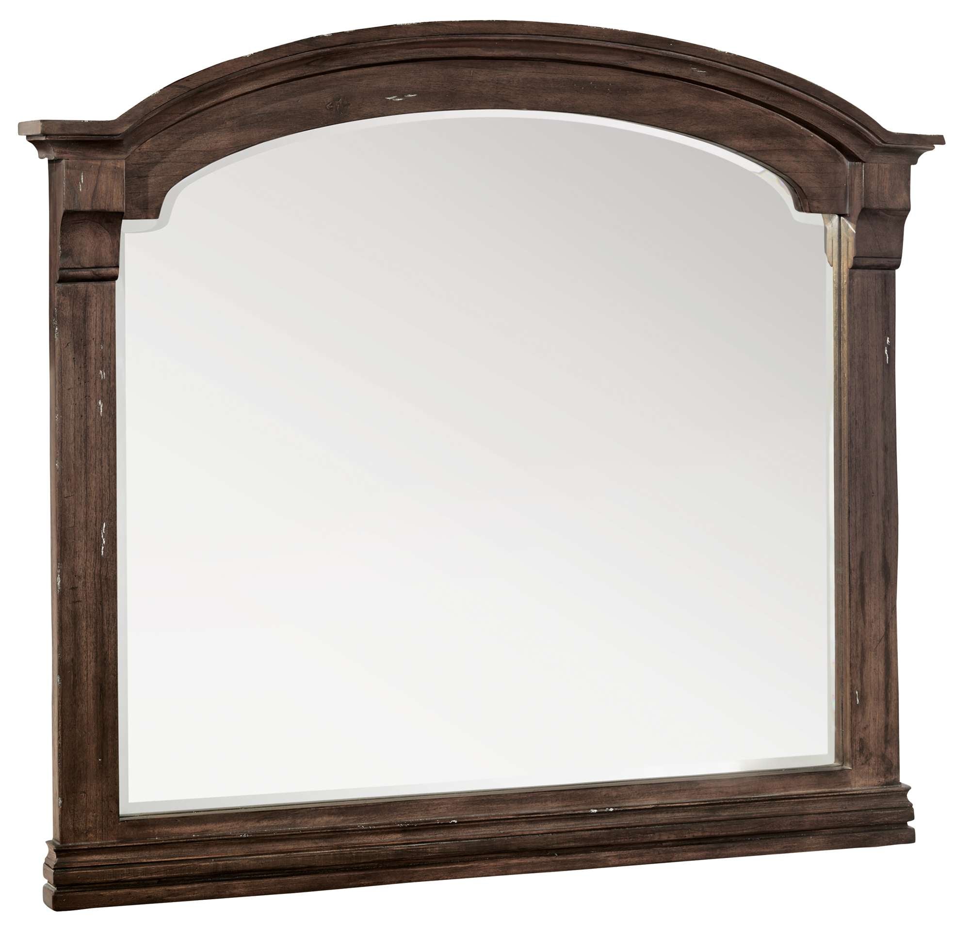 Homestead mirror with beveled glass, select wood solids and veneers, molasses finish, and arched top design
