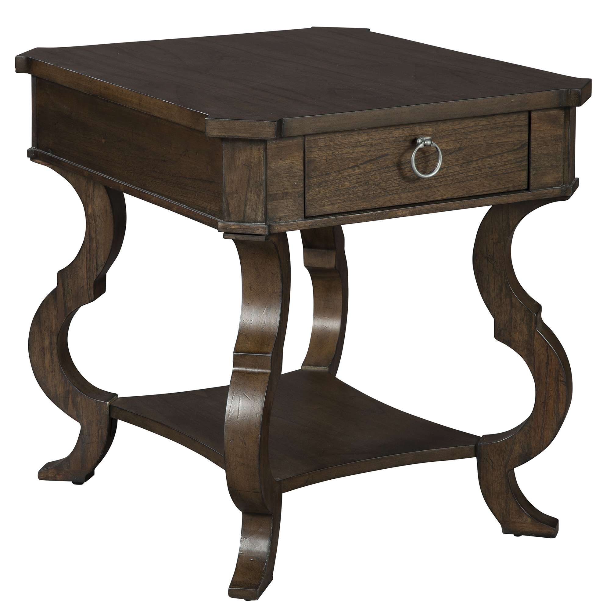 End table in mindi wood with canted serpentine legs, lower shelf, single drawer, and antique pewter oval ring pull