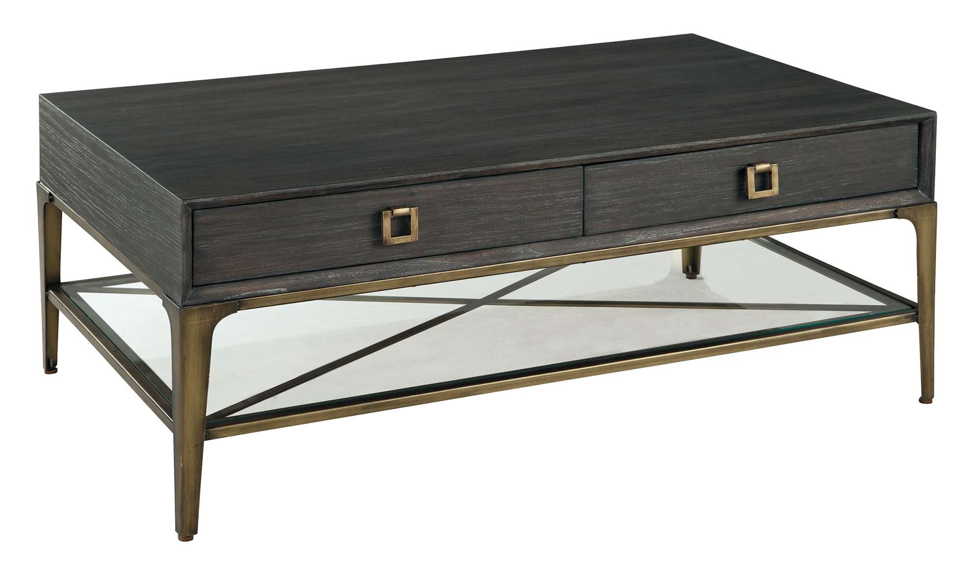 Edgewater rectangular coffee table with oak veneer, mindi solids, two drawers, glass shelf, and antique brass metal pulls
