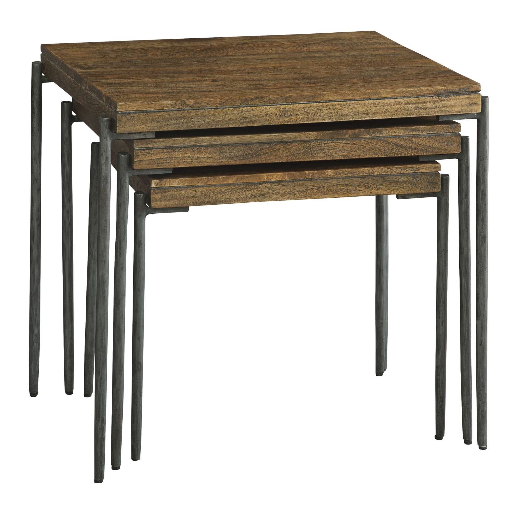 Bedford Park nest of tables with solid mango slab tops, forged iron base, and Bedford finish in three sizes