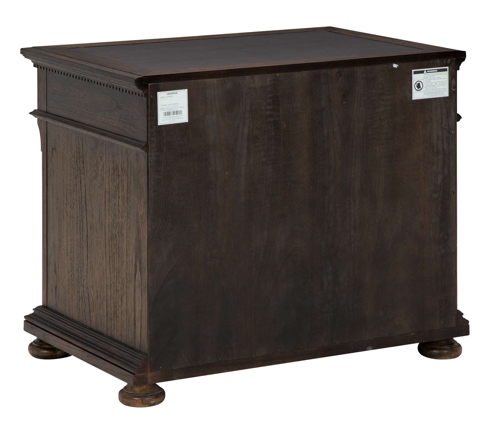 Wellington Estates Office Executive File Cabinet in dark mindi wood with leather top, two file drawers, and antique rustic finish