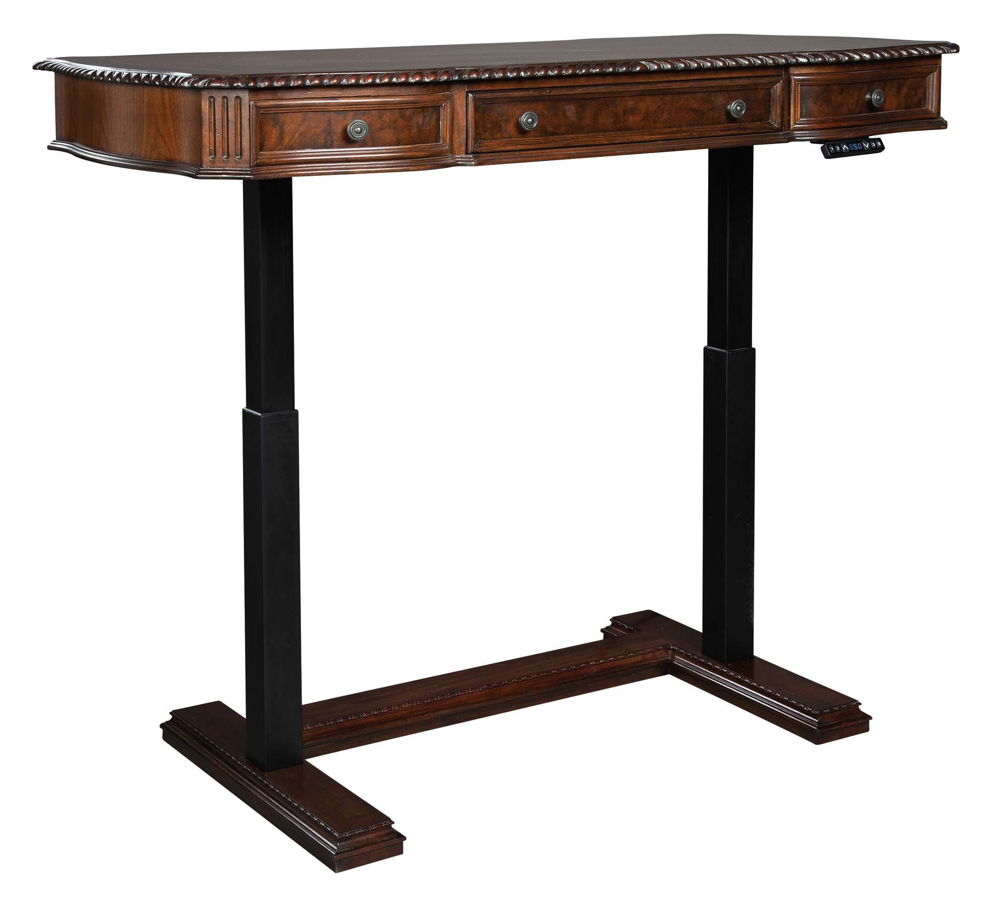 Old World Walnut Burl Adjustable Height Desk with carved edges, three drawers, and dark metal legs for versatile workspace use