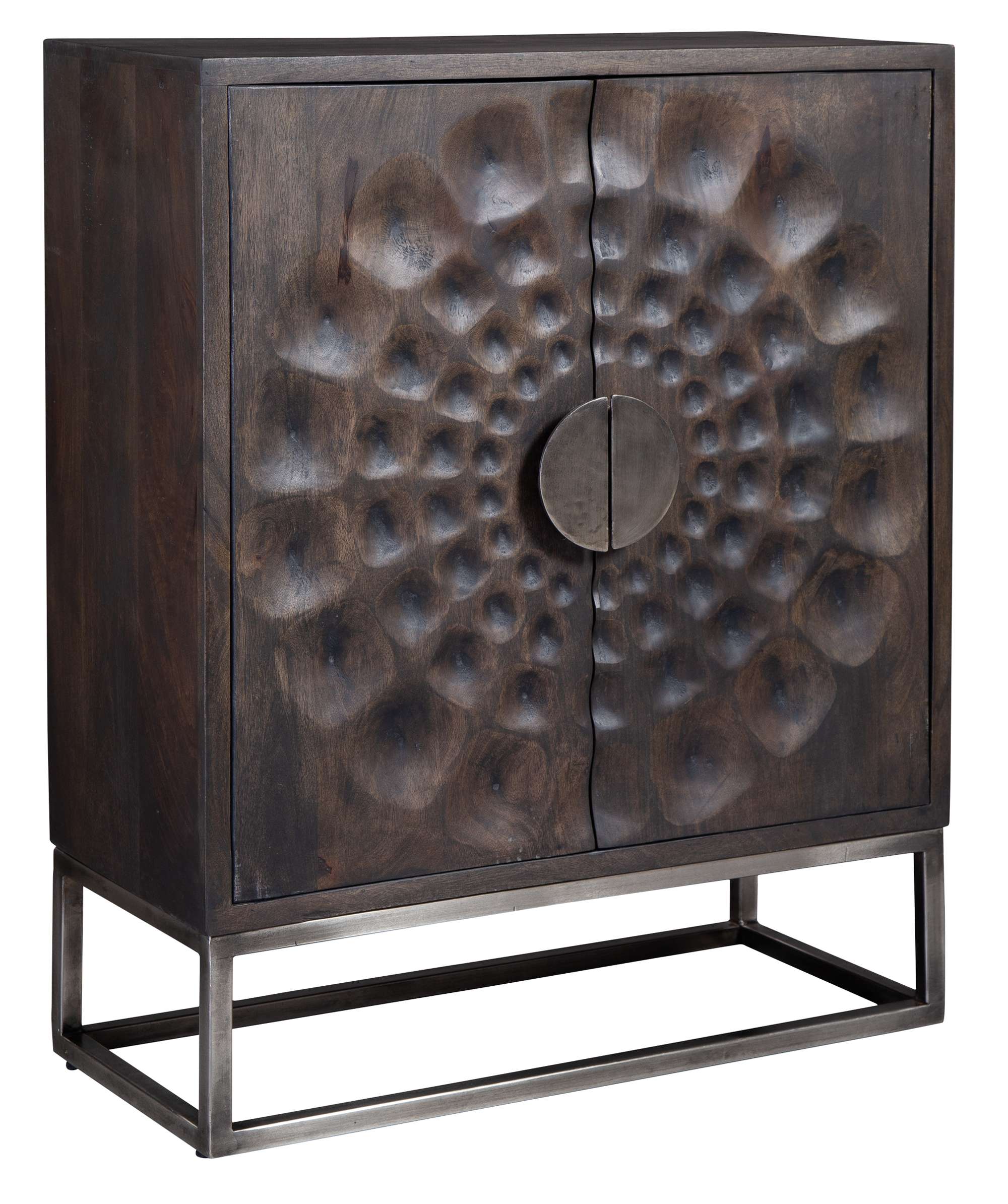 Accent chest with solid acacia starburst carved doors, one interior shelf, and antique brass finish iron base