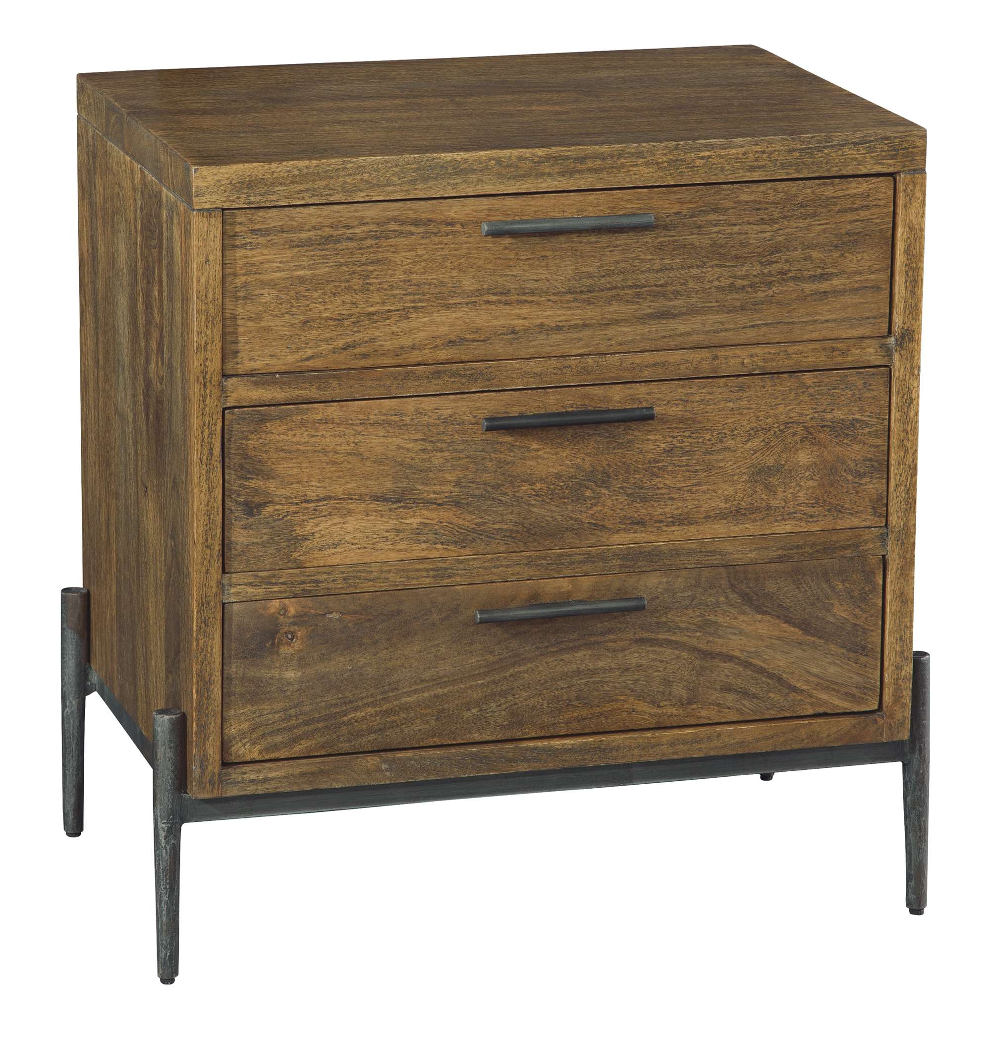 Bedford Park three drawer nightstand in mango solids with forged iron base, hardware, and soft-close undermount slides