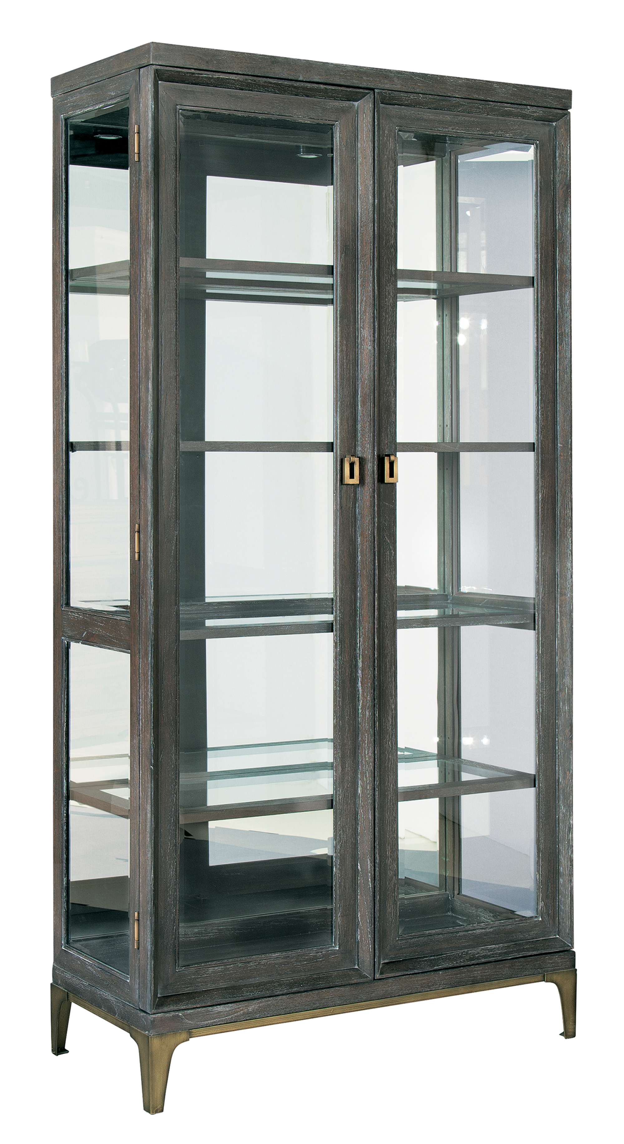 Edgewater display cabinet with oak veneers, beveled glass doors and sides, adjustable shelves, and antique brass hardware