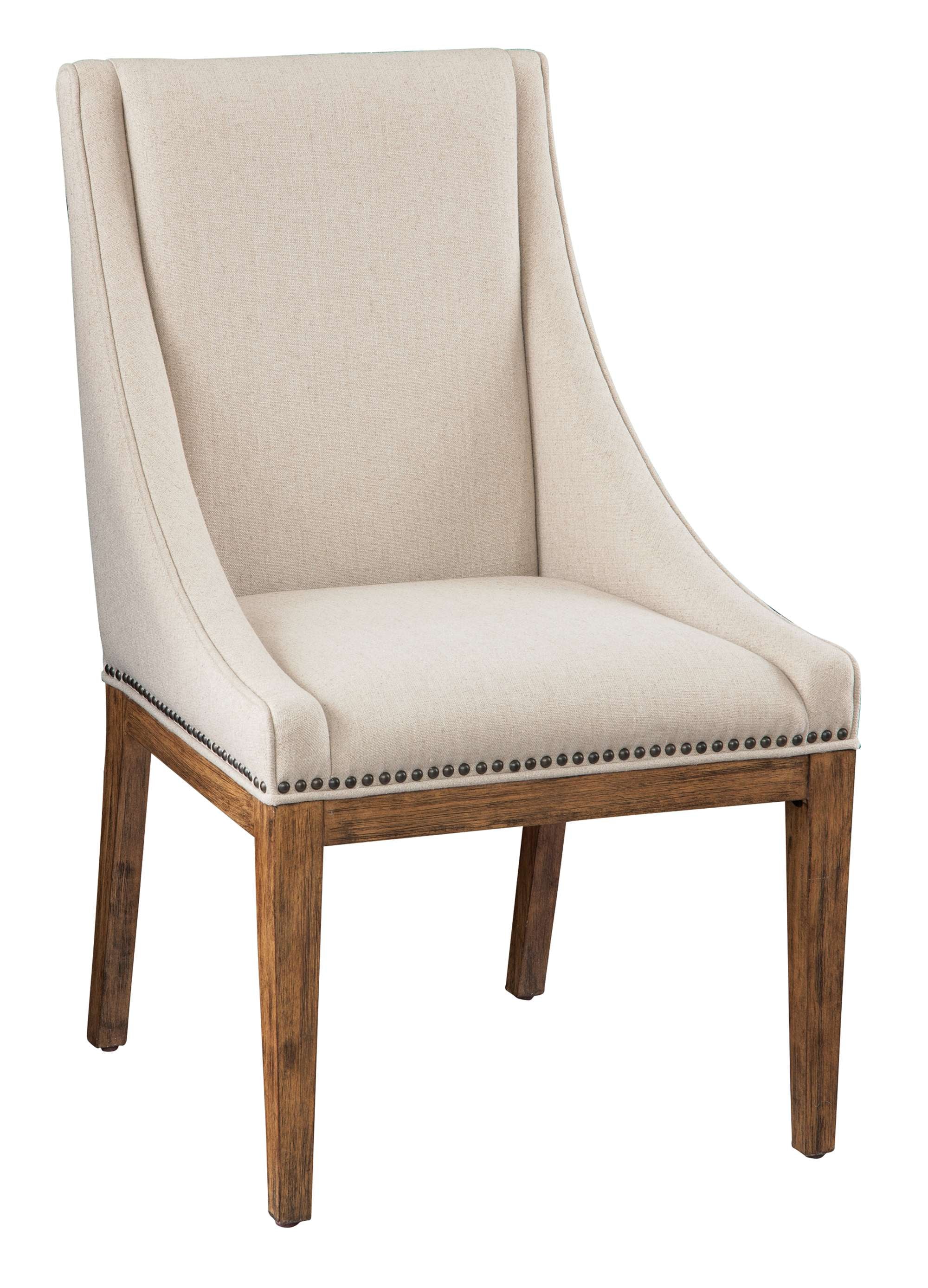 Bedford Park dining arm chair with heavyweight linen upholstery, nickel nailhead trim, and Bedford finish wood legs