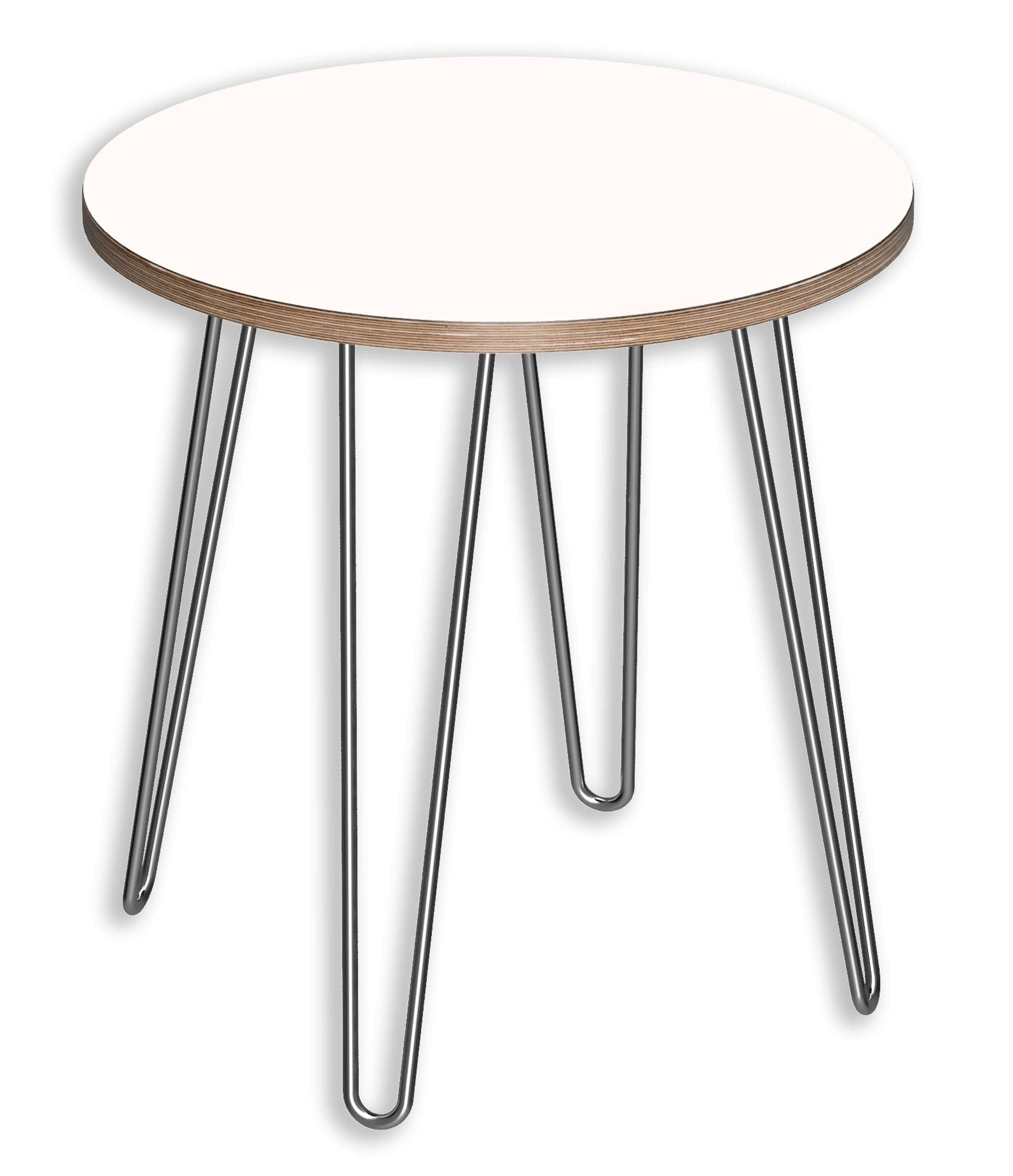 Round end table with white DesignerPly top, mid-century multi-ply grain edges, and four sleek hairpin metal legs