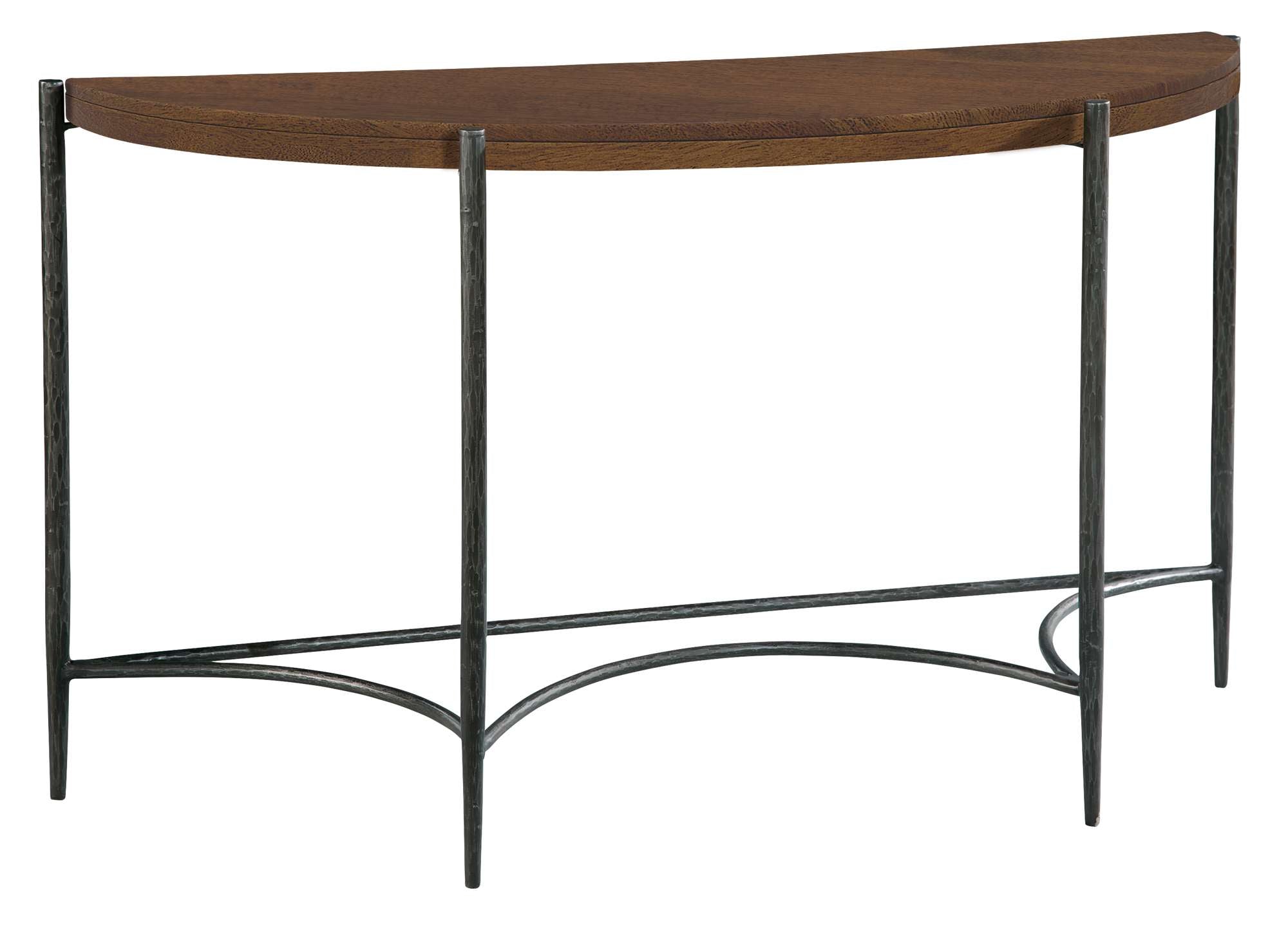 Bedford Park sofa table with rough-hewn wood tobacco finish top and wrought iron base for rustic appeal