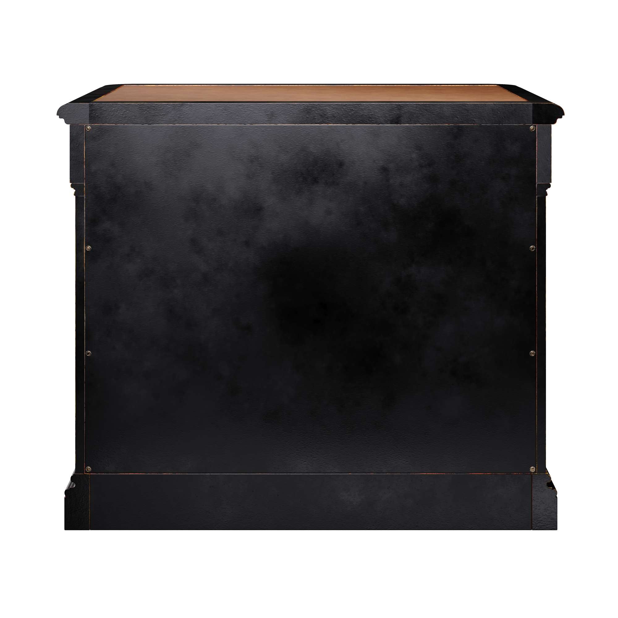 Louis Philippe Executive File Cabinet with leather top, distressed hardwood finish, locking top drawer, and metal hardware