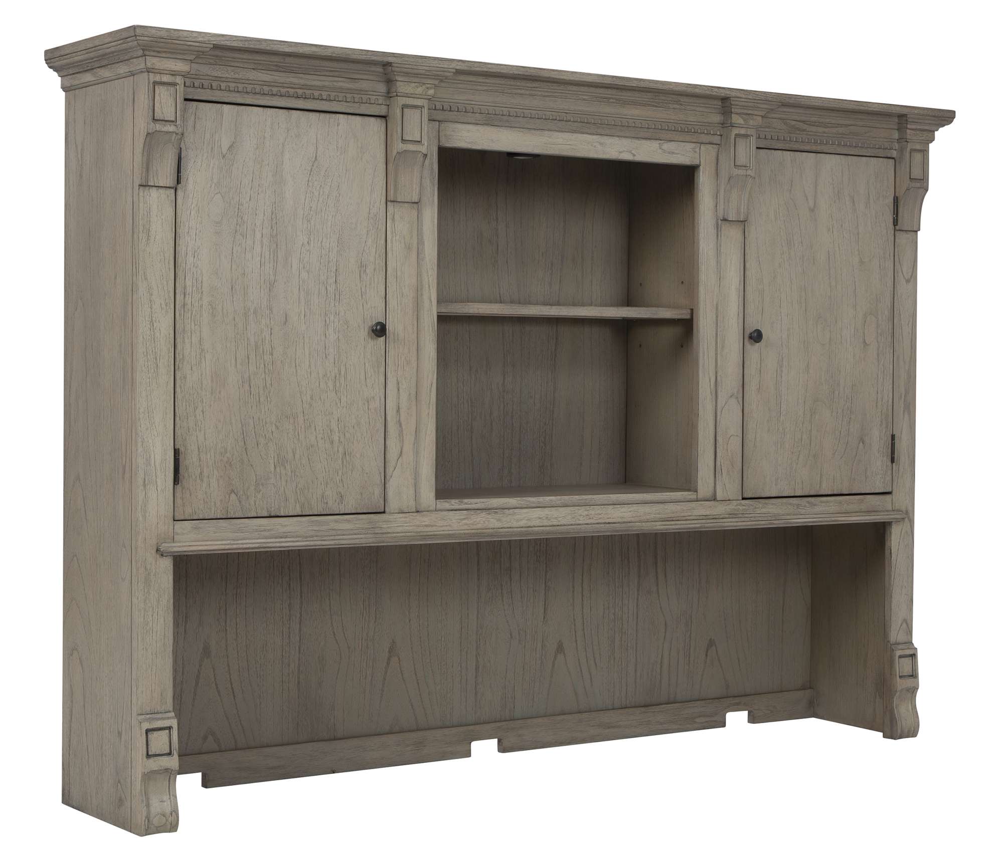 Office executive desk hutch with mindi wood, two doors with adjustable shelves, illuminated center, task lighting, and antique brass hardware
