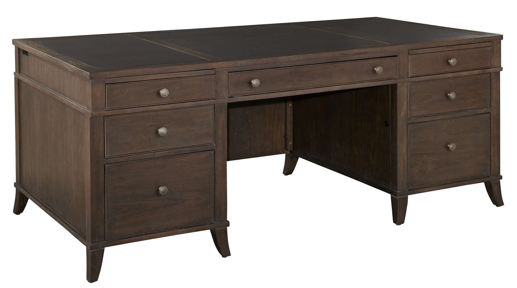 Urban Executive Desk with three leather inset panels, select veneer and solids, four box drawers, and two file drawers on metal slides