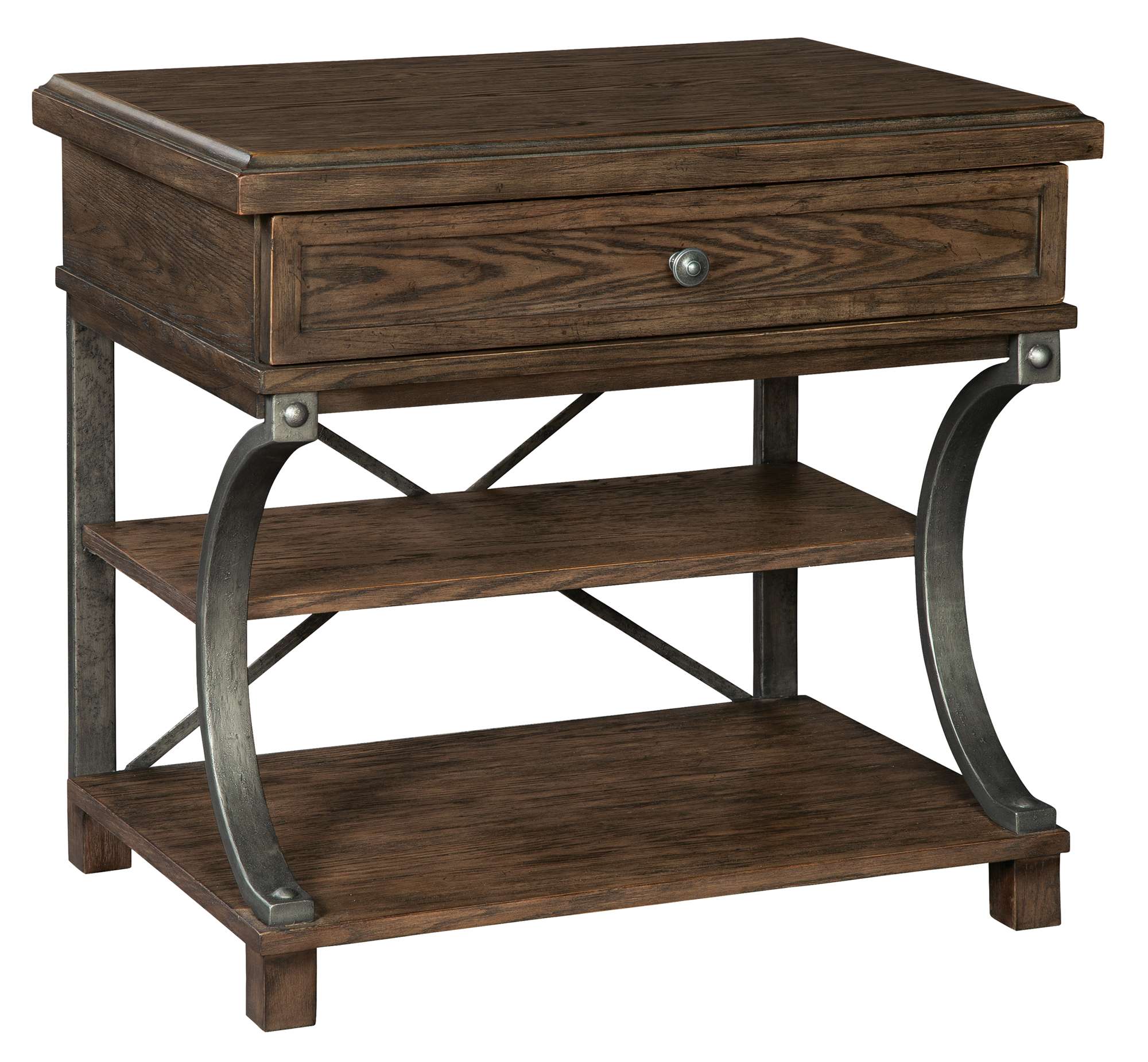 Wexford Single Drawer Nightstand with oak veneer top, mindi wood, antique pewter knob, metal curved supports, and two lower shelves