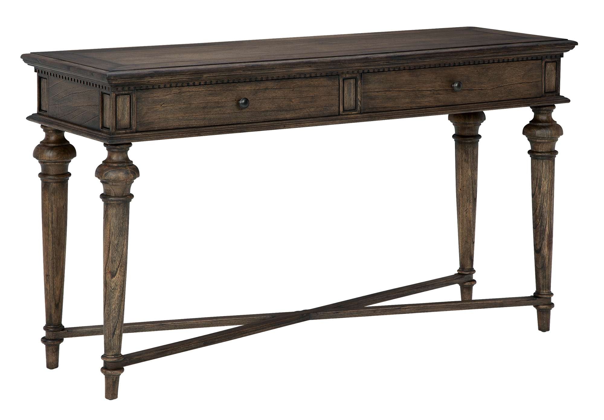 Wellington Estates sofa table with mindi veneers, tapered legs, cross stretcher bars, two drawers, and antique brass hardware in Java finish