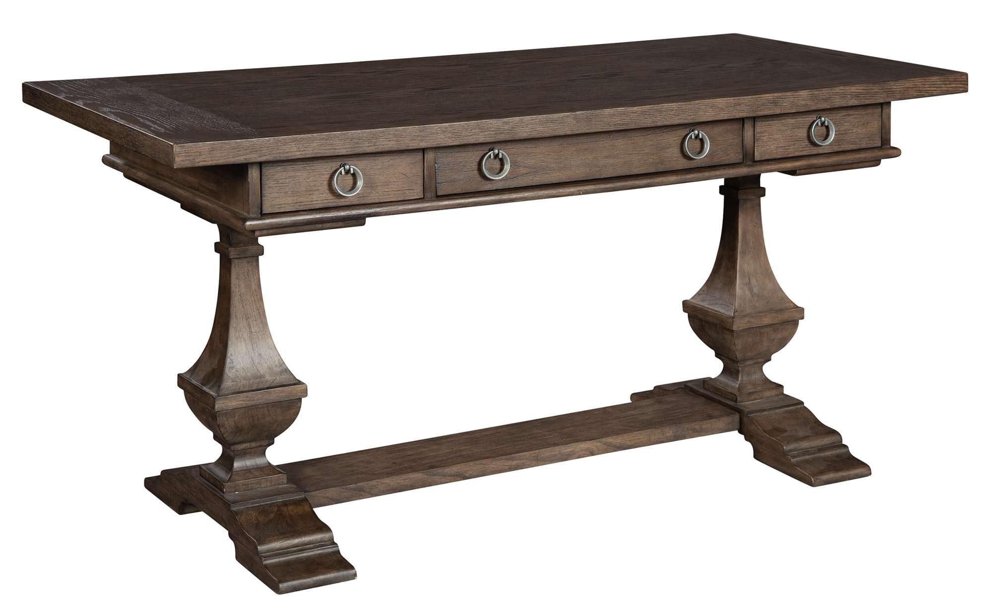 Desk with oak veneers and select solids, three drawers with center drop-down front, pewter hardware, and special reserve finish
