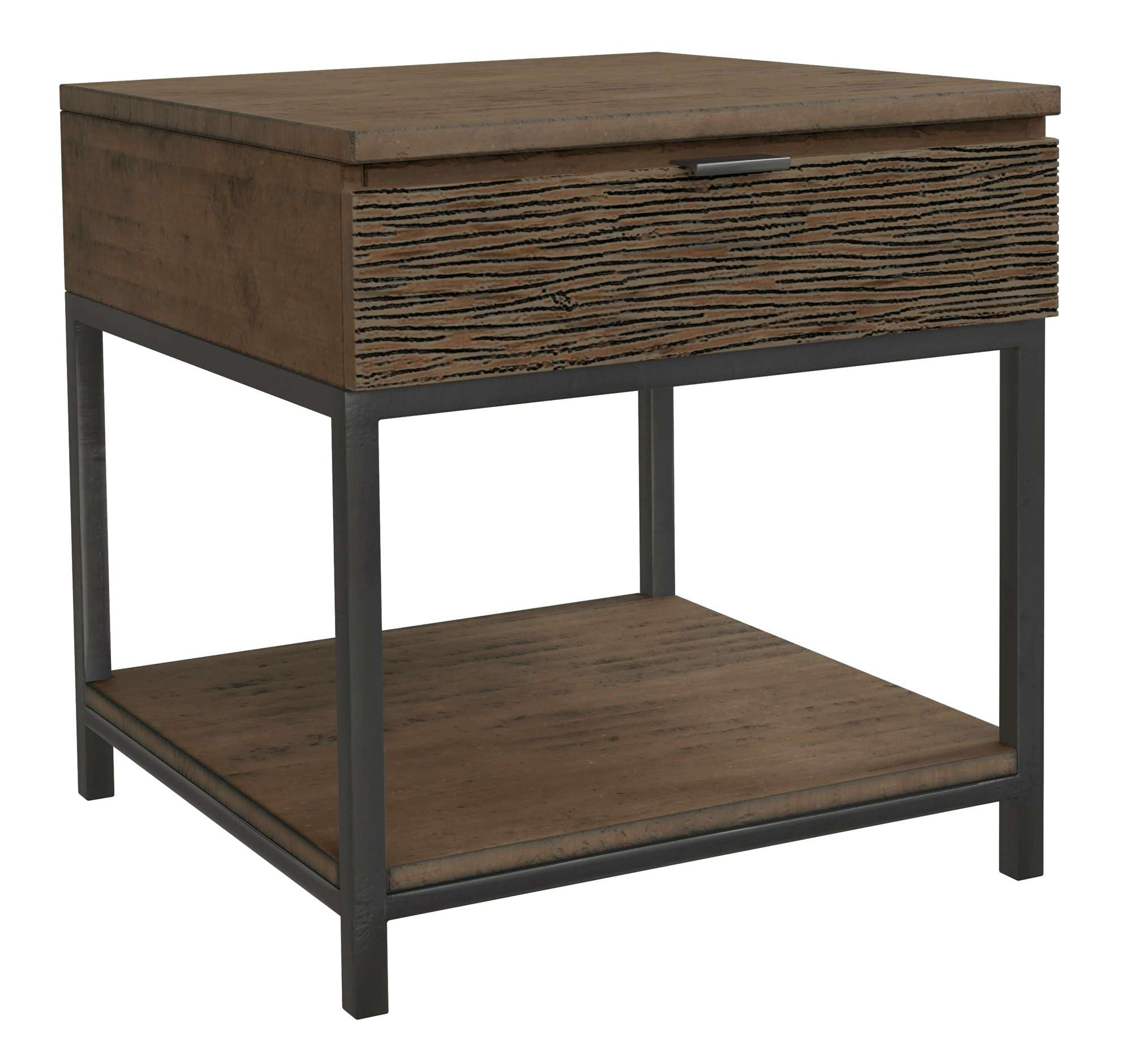 Organic Living End Table with single drawer featuring irregular reeded carving, wood top, lower shelf, and metal frame base