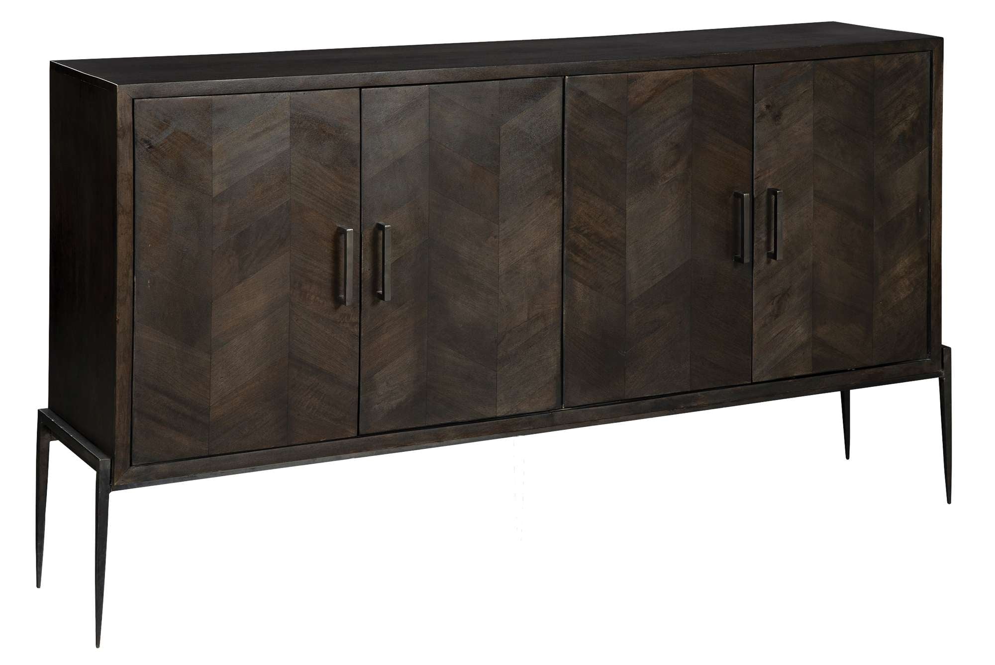 Entertainment console in mango wood with vertical herringbone inlay pattern, iron finish door pulls, and elevated metal legs