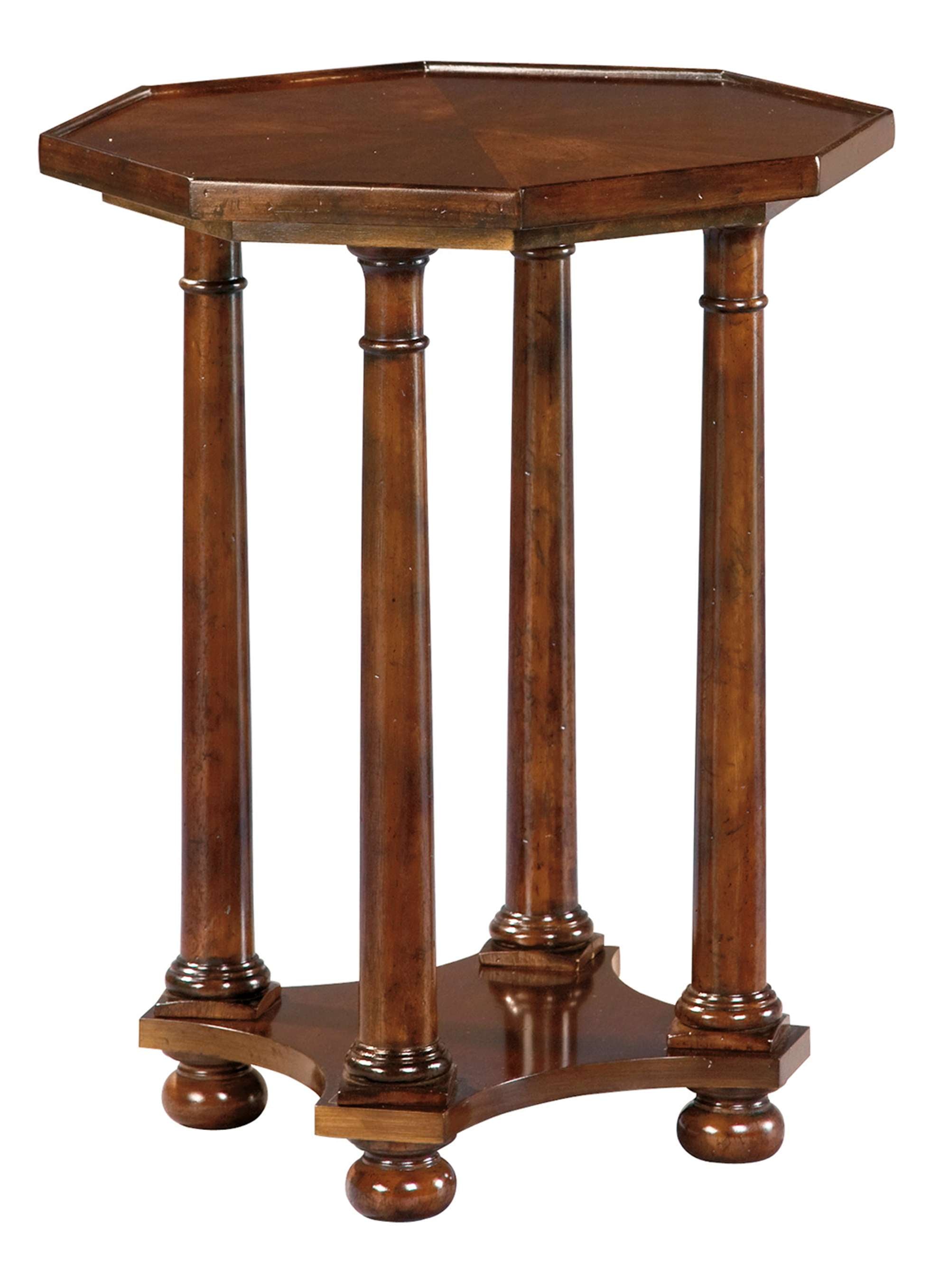 European Legacy End Table with rustic American cherry veneers, turned column legs, bun feet, and a lightly distressed macadamia finish