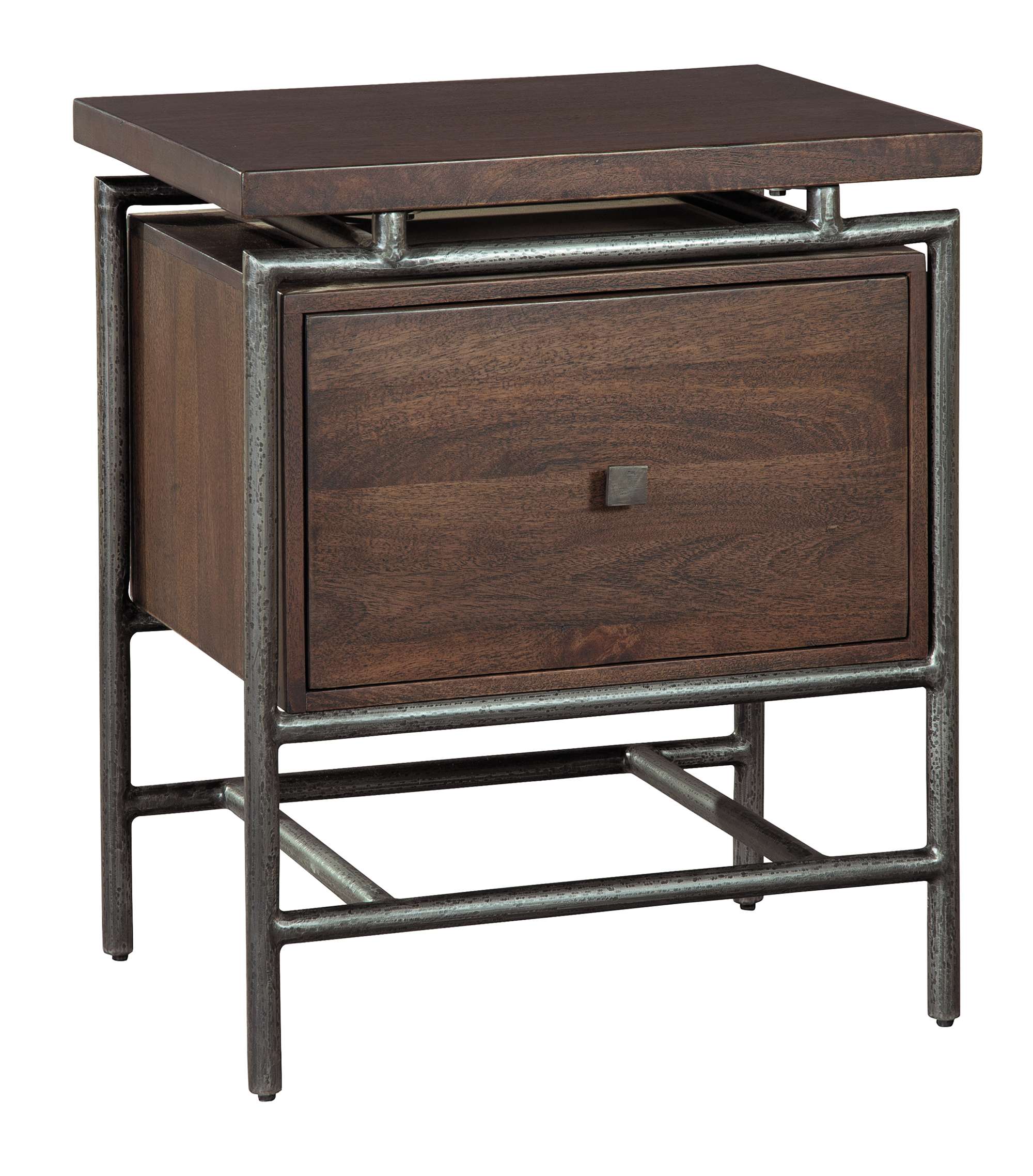 File cabinet in solid mango wood with deep brown patina, slab top, one file drawer, and forged iron tubular legs finish