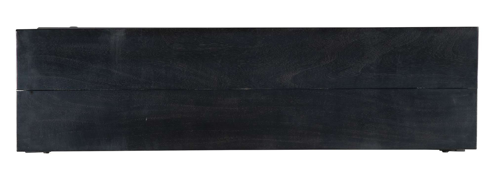 Box-style writing desk with acacia solids, aged black wood finish, black iron frame, and front opening writing surface