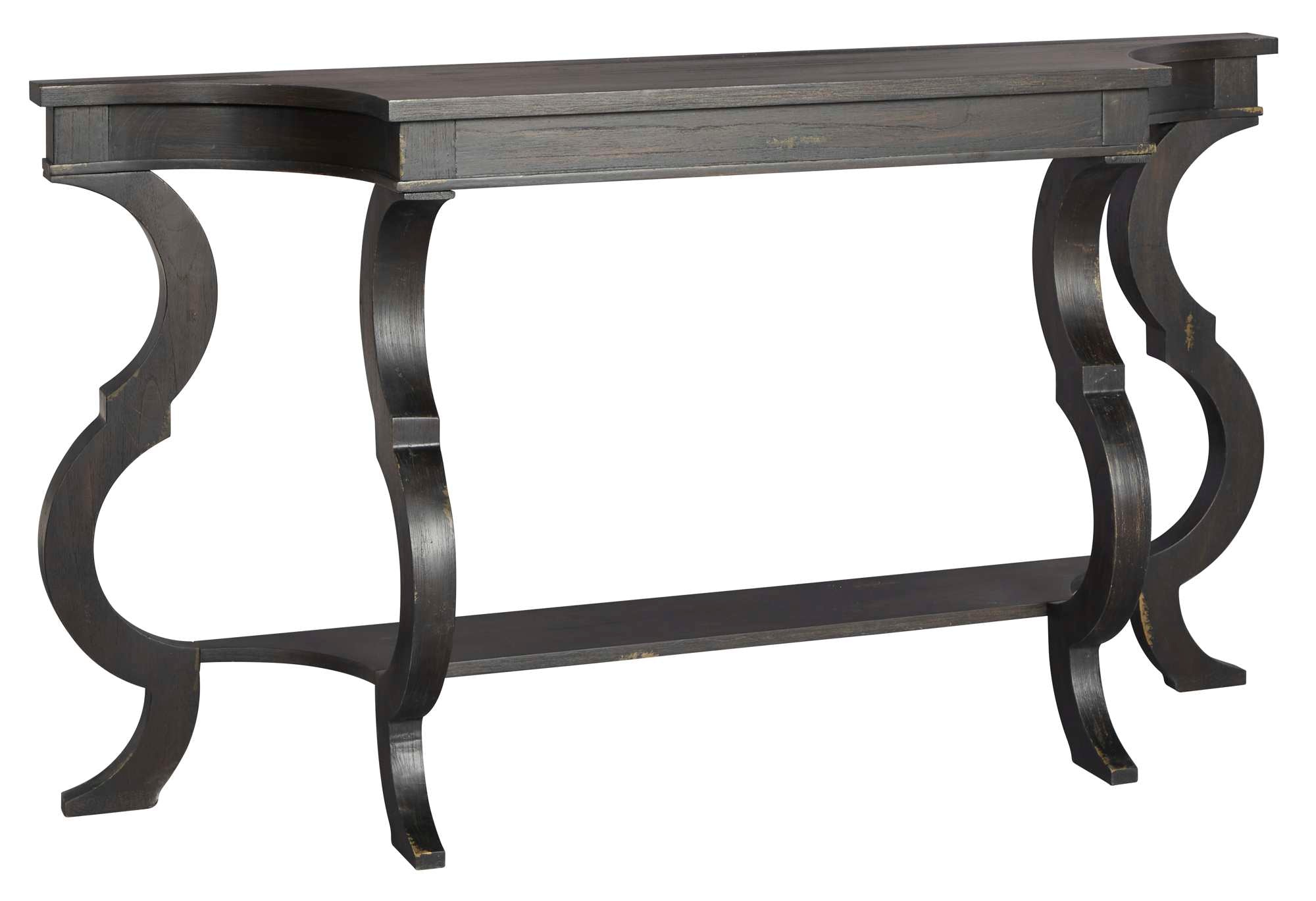 Decorative sofa table crafted from dark Mindi wood with four uniquely styled curved legs and lower support shelf