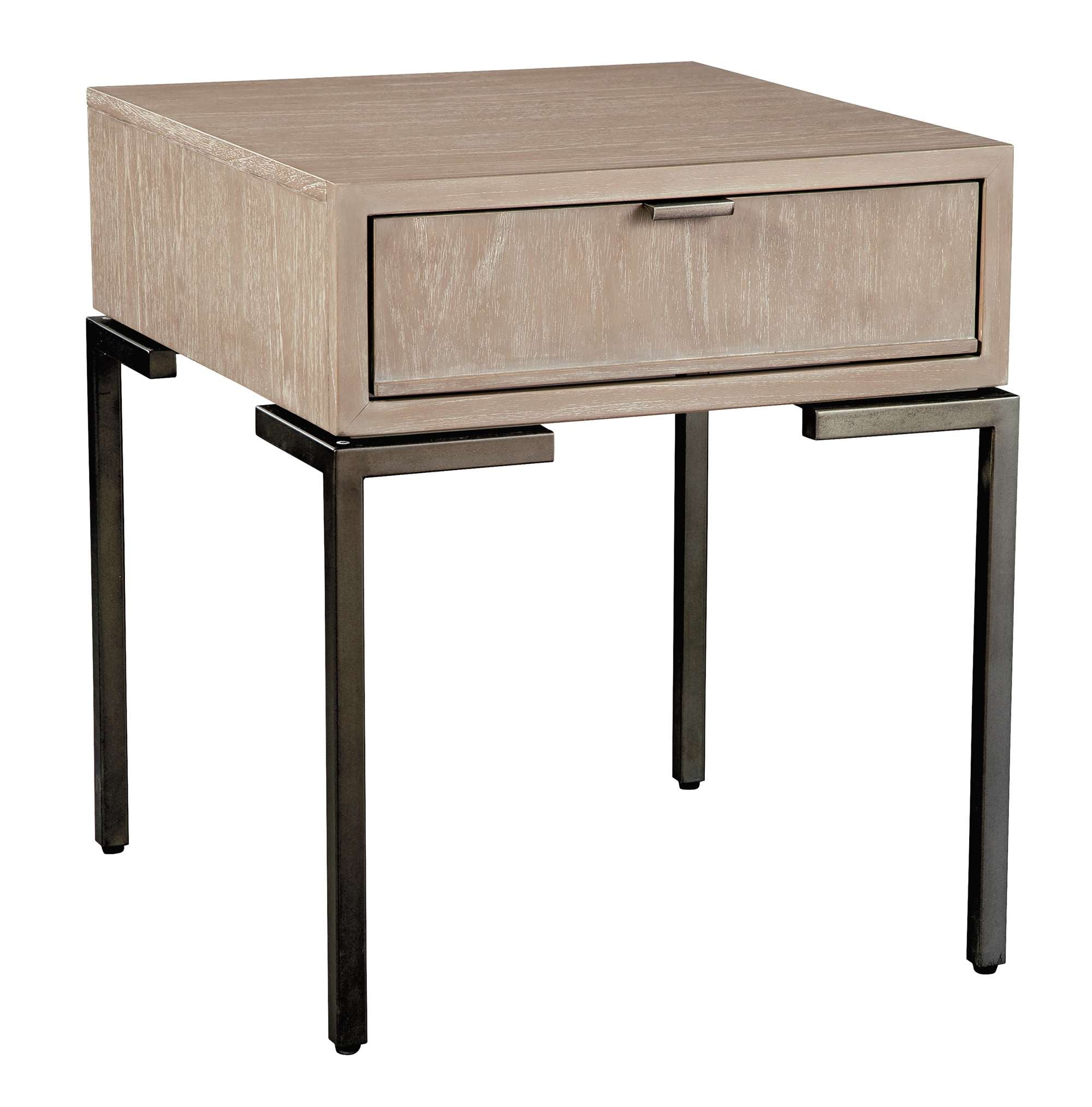 Scottsdale end table with mindi veneer and solids, single drawer with aged iron pull, and aged iron square legs