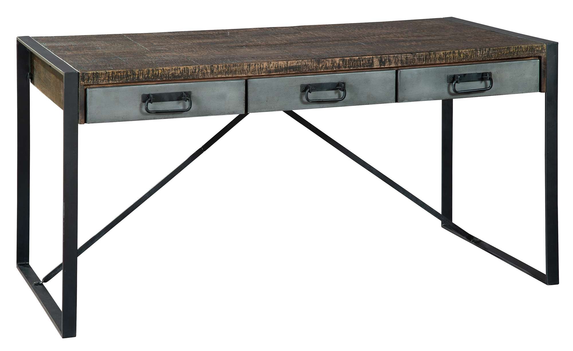 Industrial-style desk with rough-sawn acacia top, iron base, three steel drawers with iron bail pulls, Pittsburgh finish