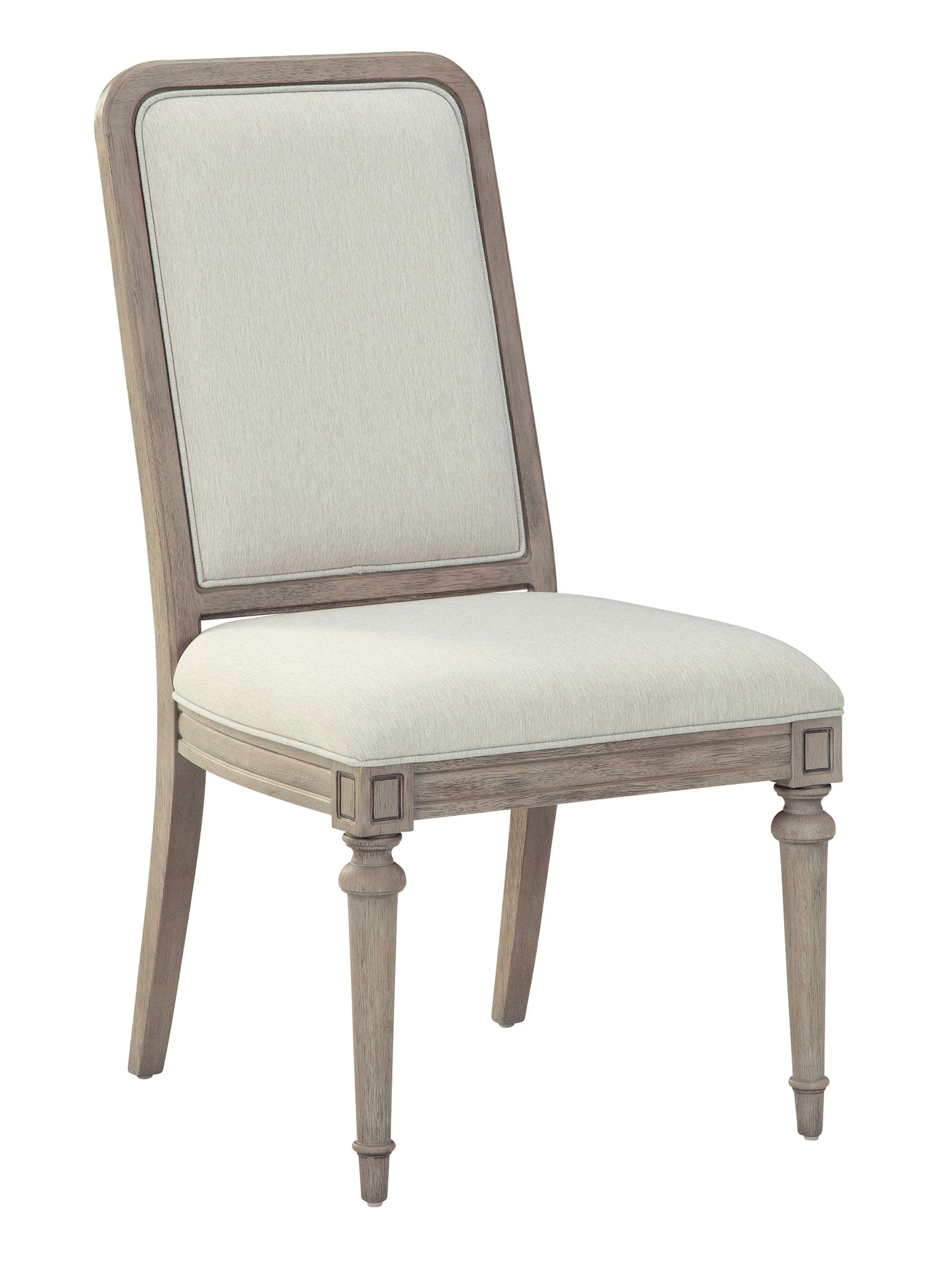 Wellington Estates upholstered dining side chair with heavy linen fabric and driftwood finish wood frame