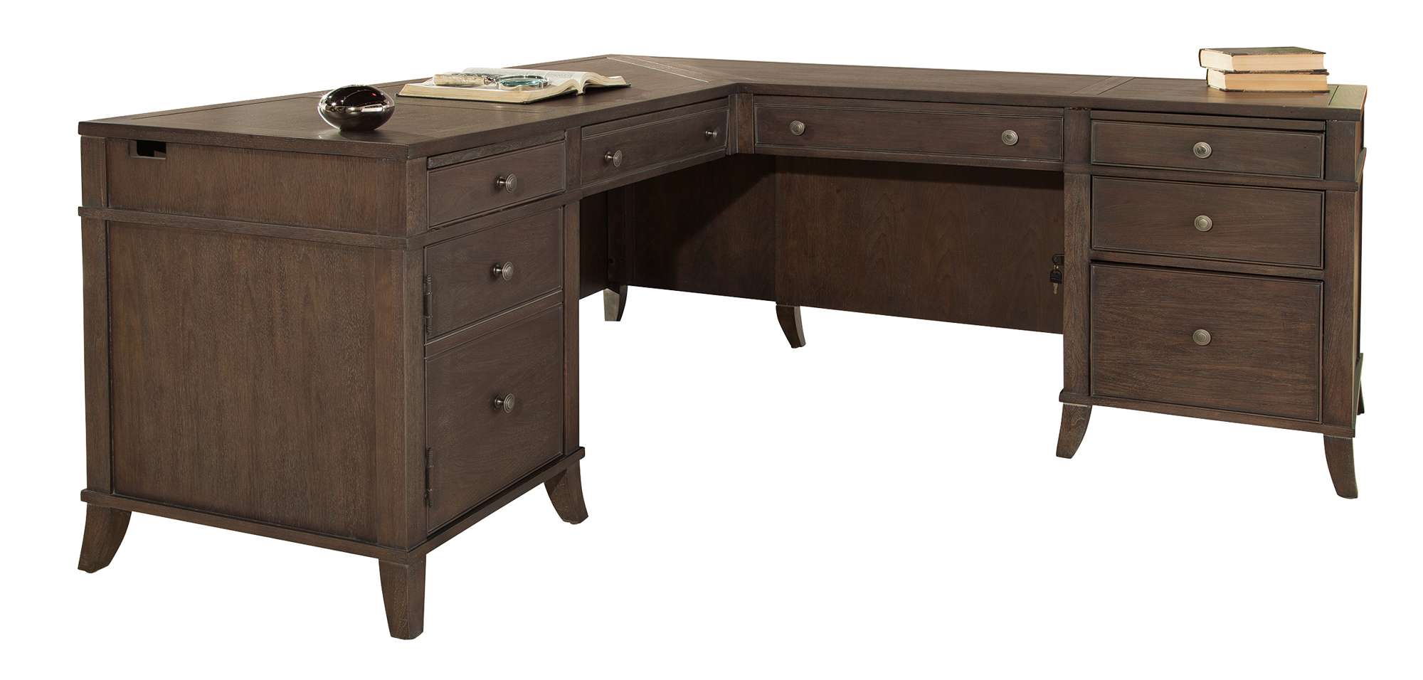 L-shaped wooden desk with multiple drawers and a smooth surface