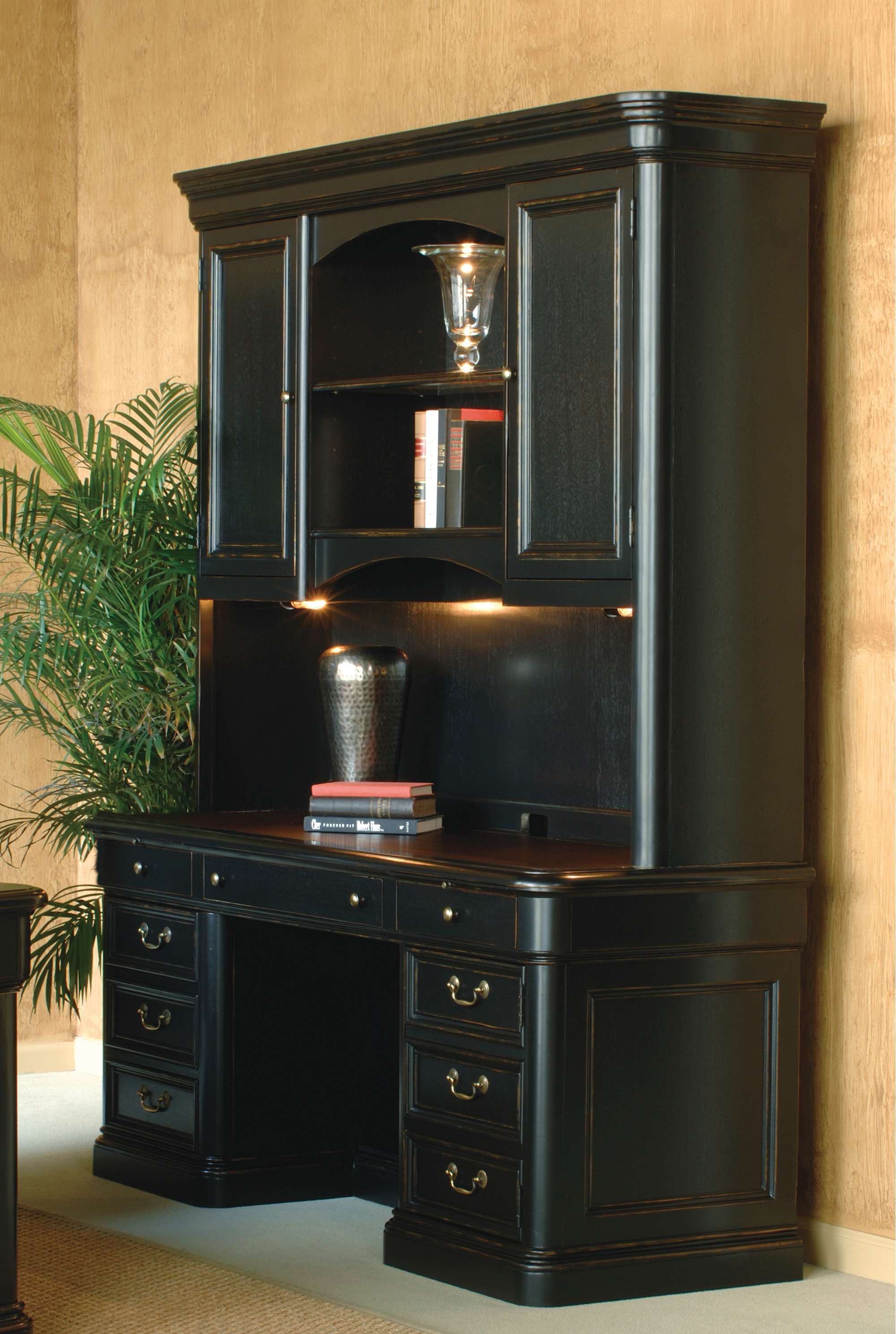 Louis Philippe Executive Deck with two doors, adjustable shelves, illuminated center bookcase, and distressed hardwood finish