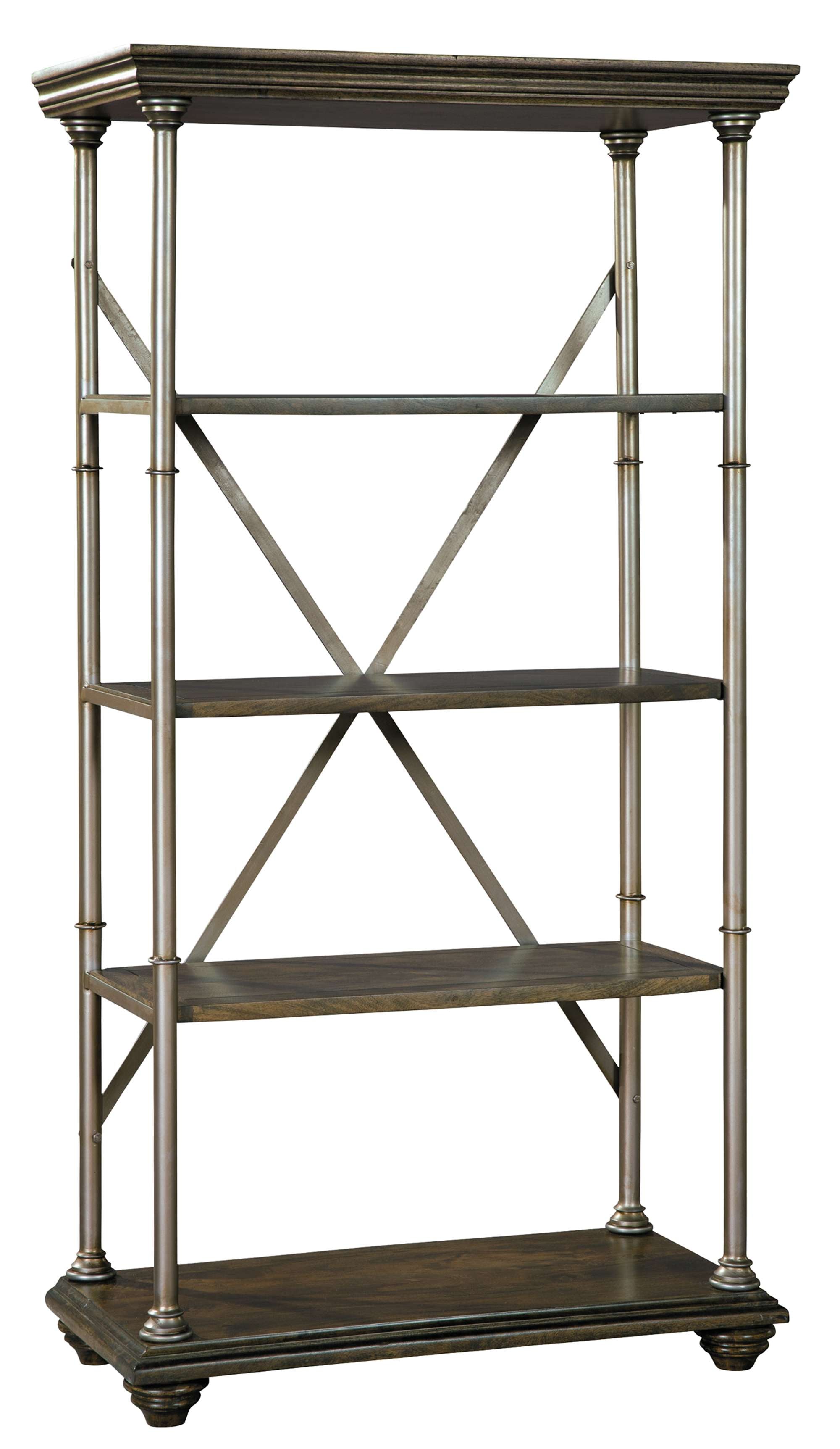 Open shelving with Acacia solid wood shelves, antique pewter posts, four shelves, and Cambridge finish design