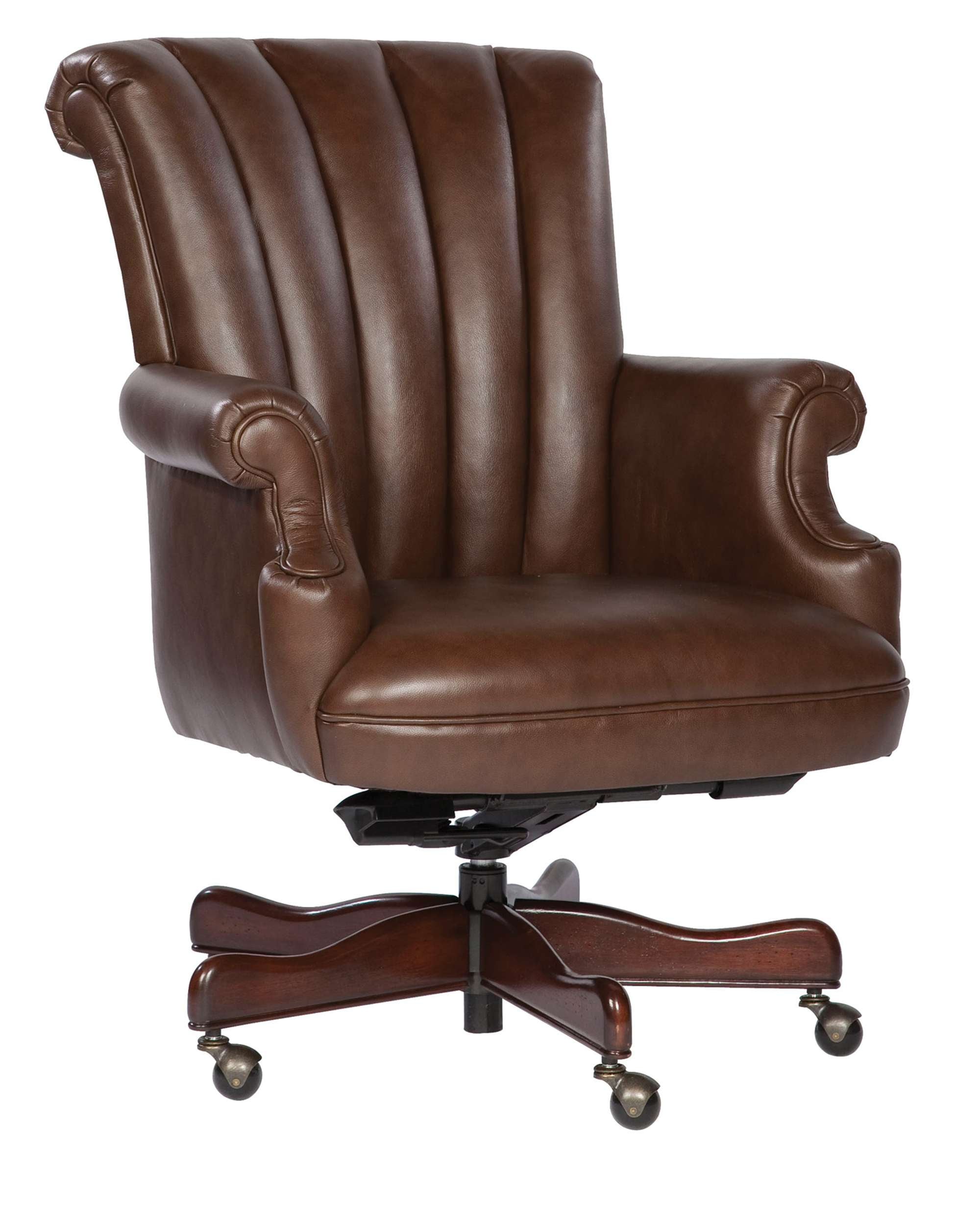 Executive office chair with genuine brown leather, ribbed back, rolled arms, five-point wood base, and caster wheels.