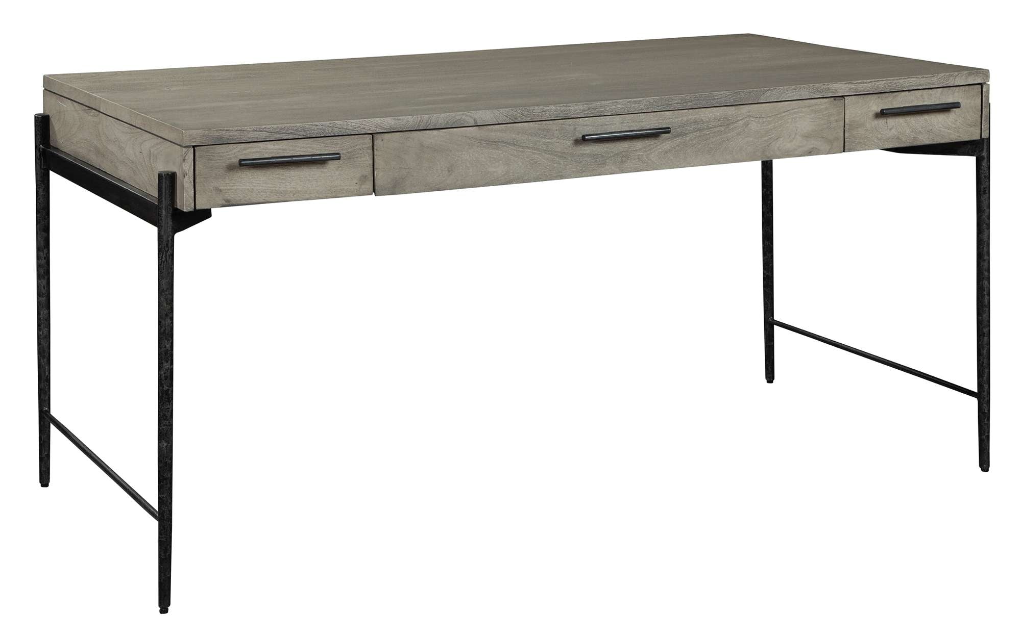 Contemporary gray wood desk with slim black metal frame, three drawers, and minimalist design for modern office spaces