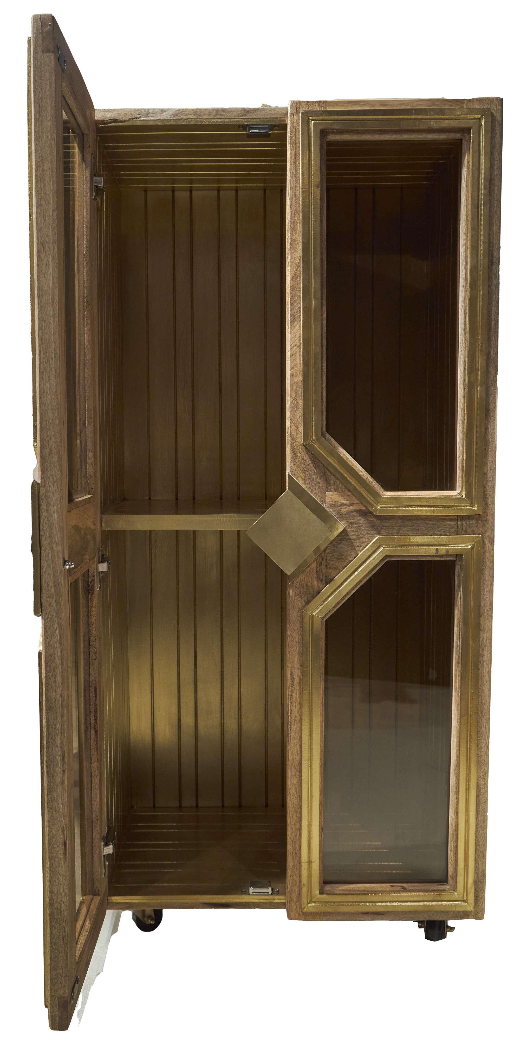 Two-door mobile accent cabinet with wood-framed amber glass doors, brass cladding, interior, and mango wood finish on wheels