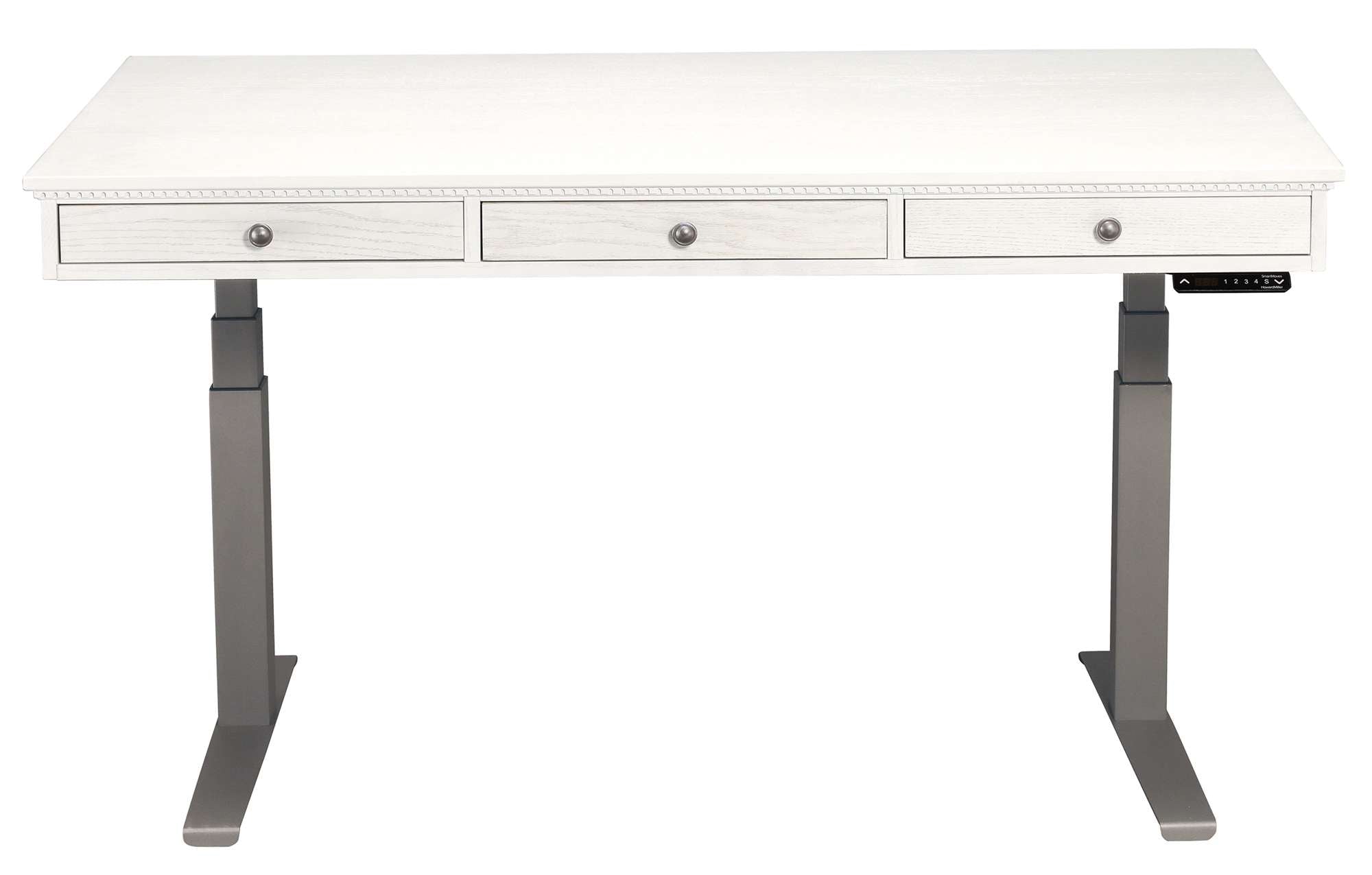 Custom Adjustable Height Desk with three drawers, dentil molding trim, white top, and sleek dark metal adjustable base