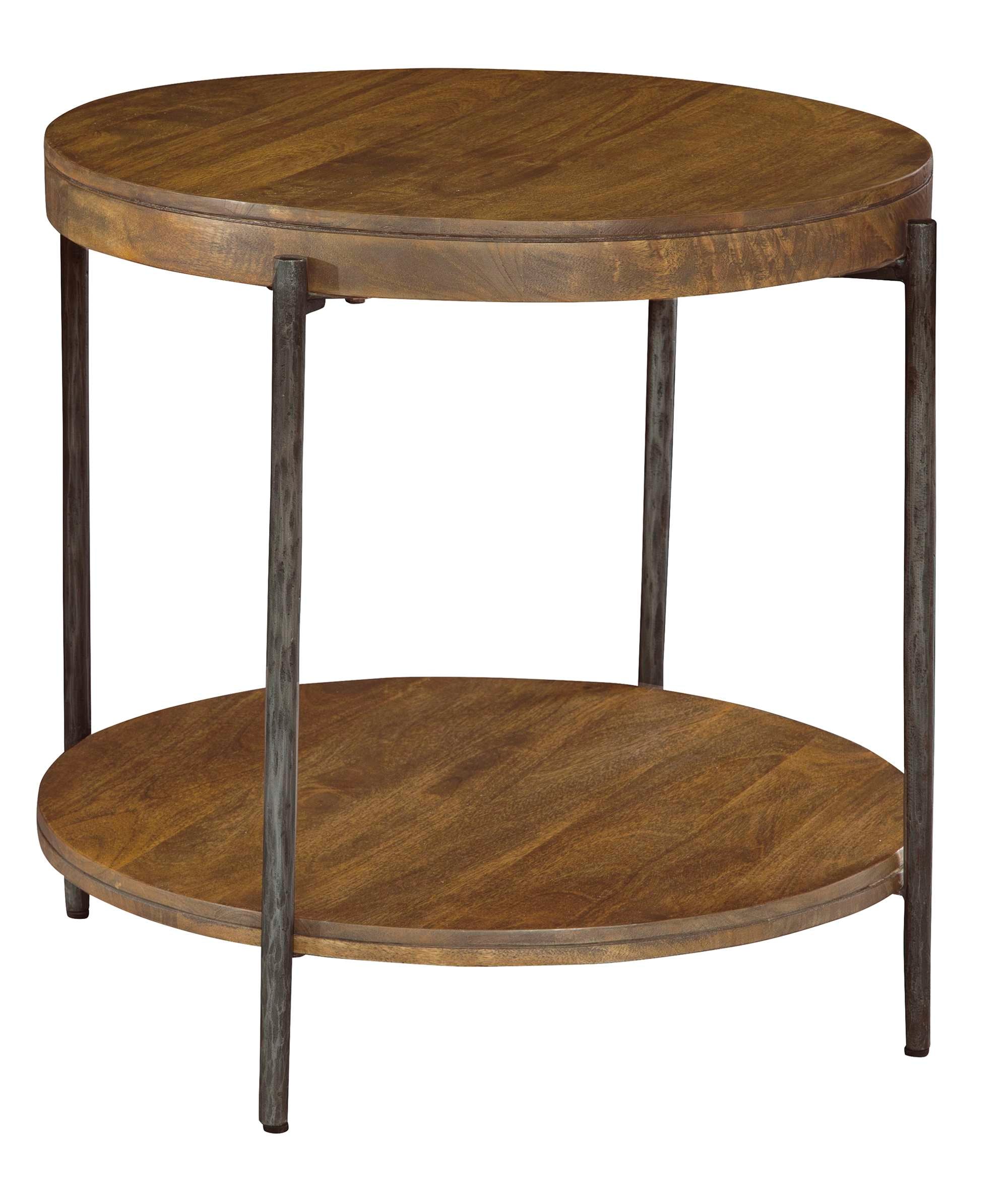 Bedford Park end table with solid mango slab top and lower shelf, forged iron base, hardware, and Bedford finish
