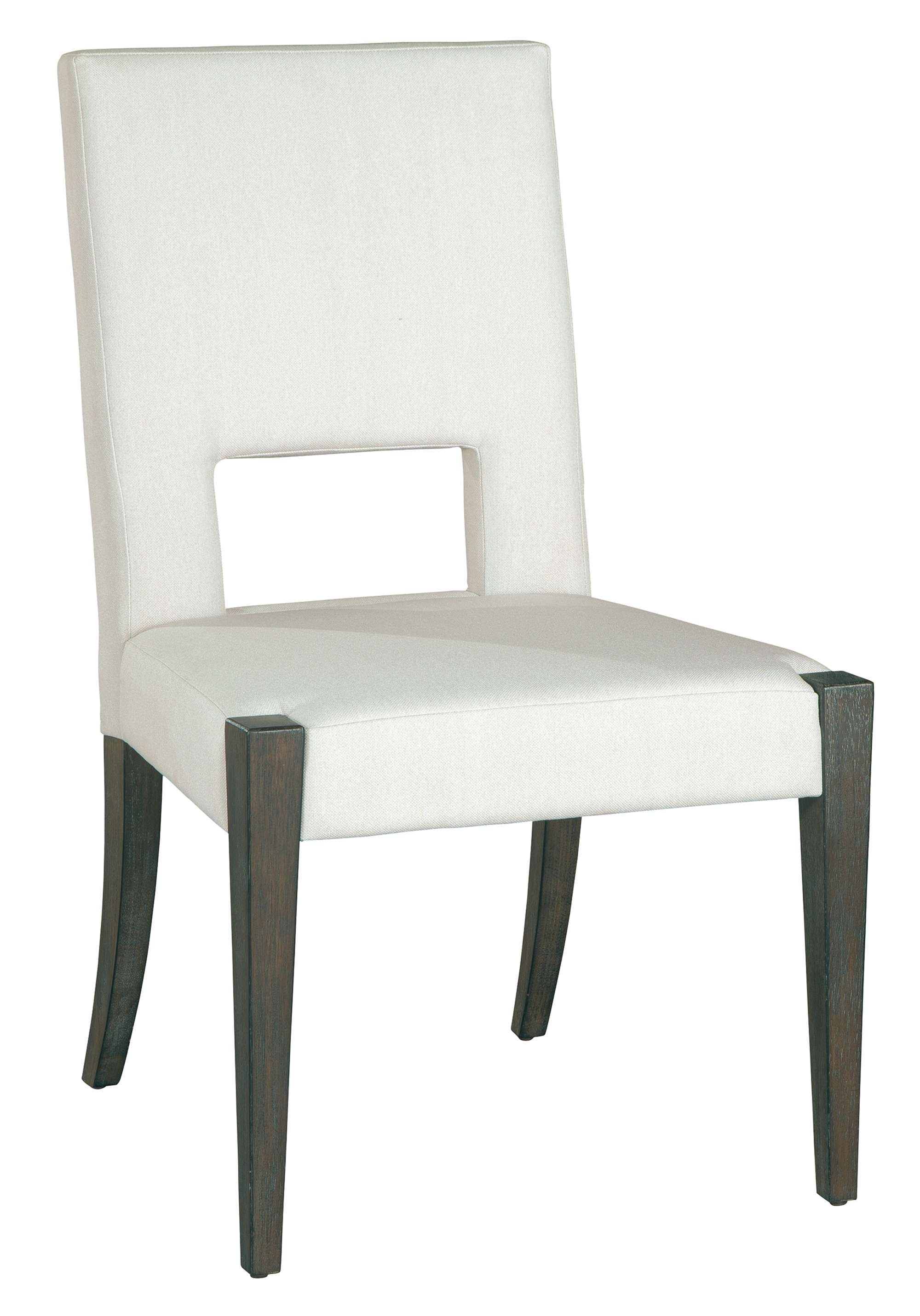 Edgewater upholstered side chair with oak veneers, mindi solids, linen seat and back, and open back panel design