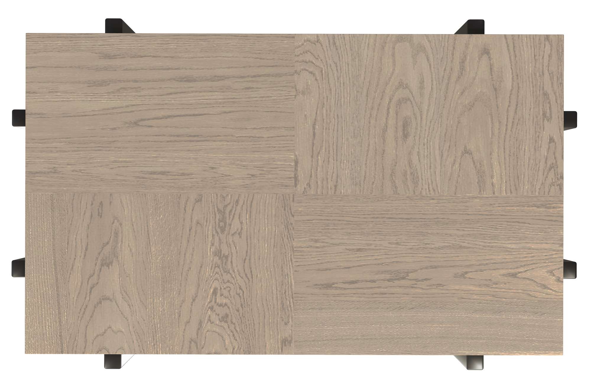 Rectangular Mayfield End Table top with parquet veneer in oak finish and black metal leg posts visible from above