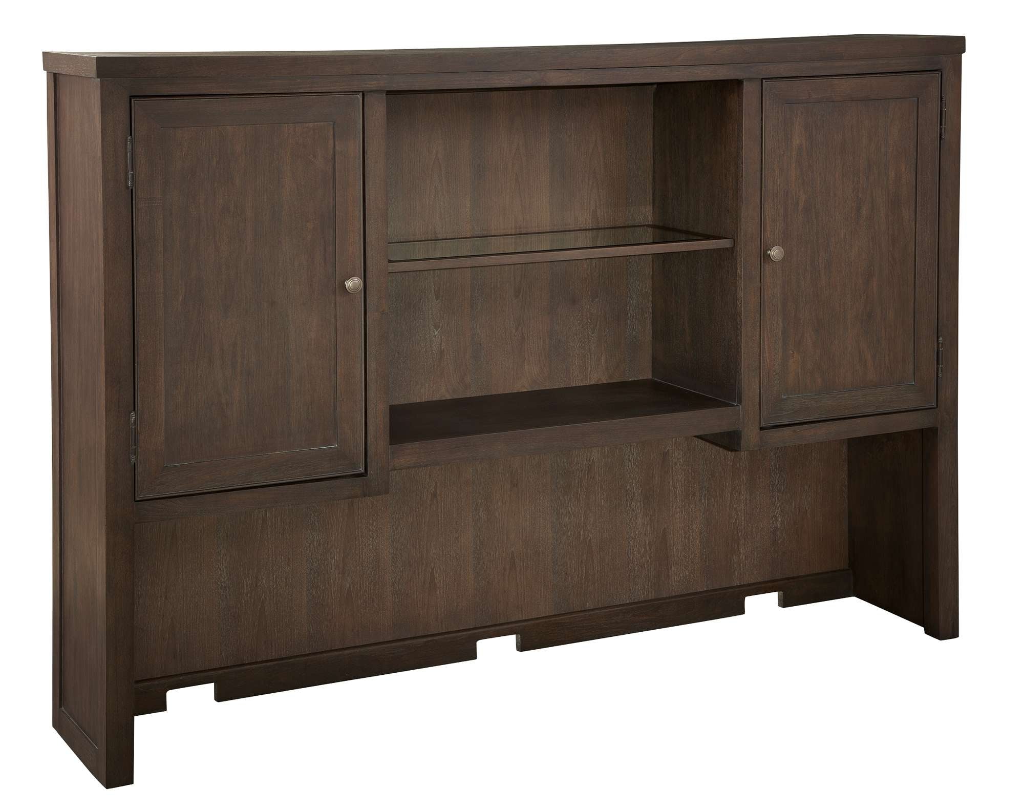 Urban Executive Deck with select wood solids and veneer, two doors with adjustable shelves, illuminated center bookcase, and task lighting