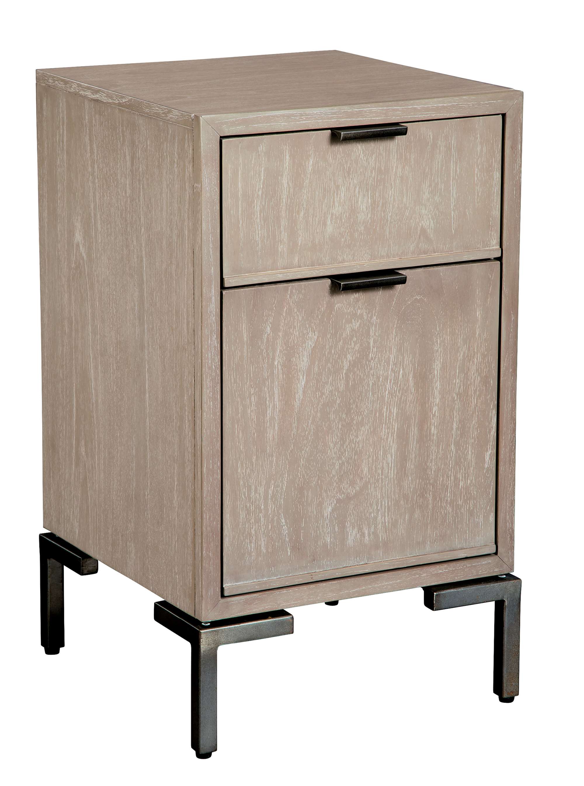 Scottsdale file cabinet with mindi veneer and solids, one file drawer, one box drawer, and aged iron square metal legs