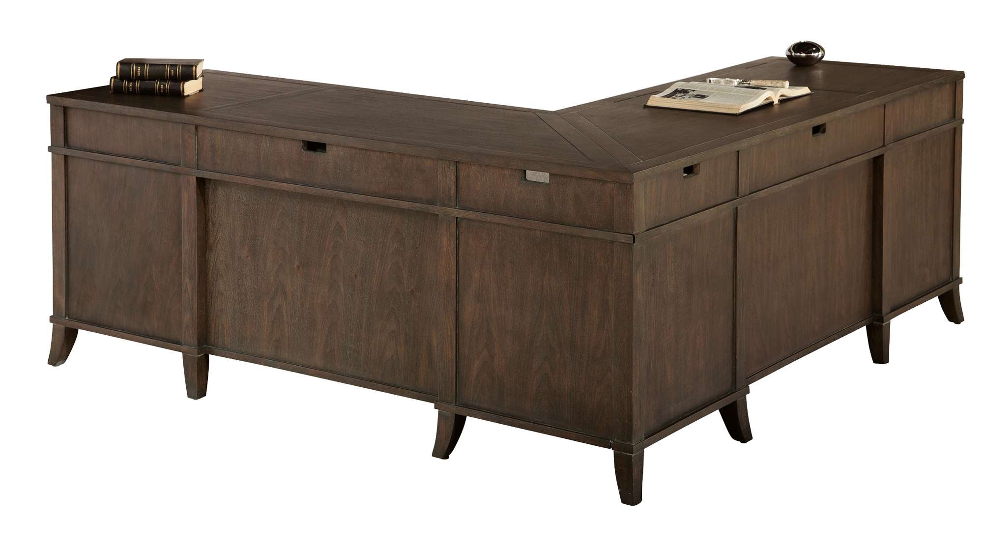 L-shaped wooden desk with multiple drawers and a polished surface.