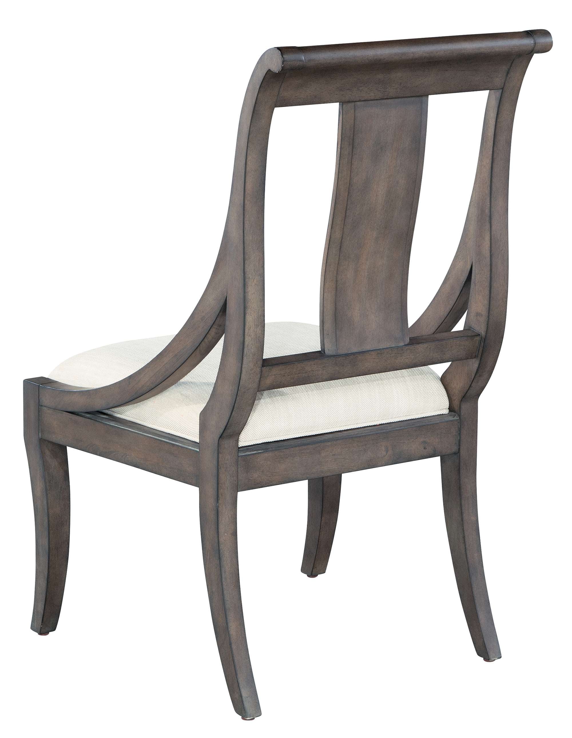 Lincoln Park dining side chair with wood slat back, Lincoln Park finish, and white and tan linen upholstered seat