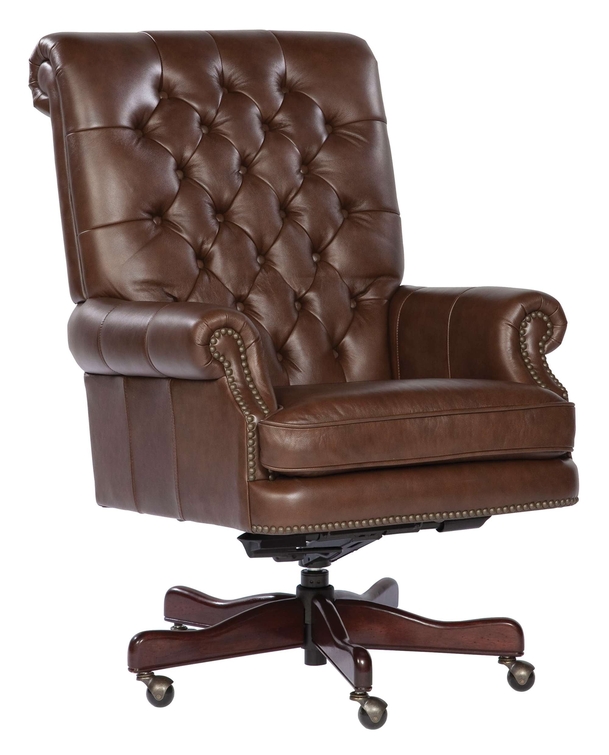 Executive office chair with genuine leather, diamond tufted back, antique brass nailhead trim, and five-point wood base with casters