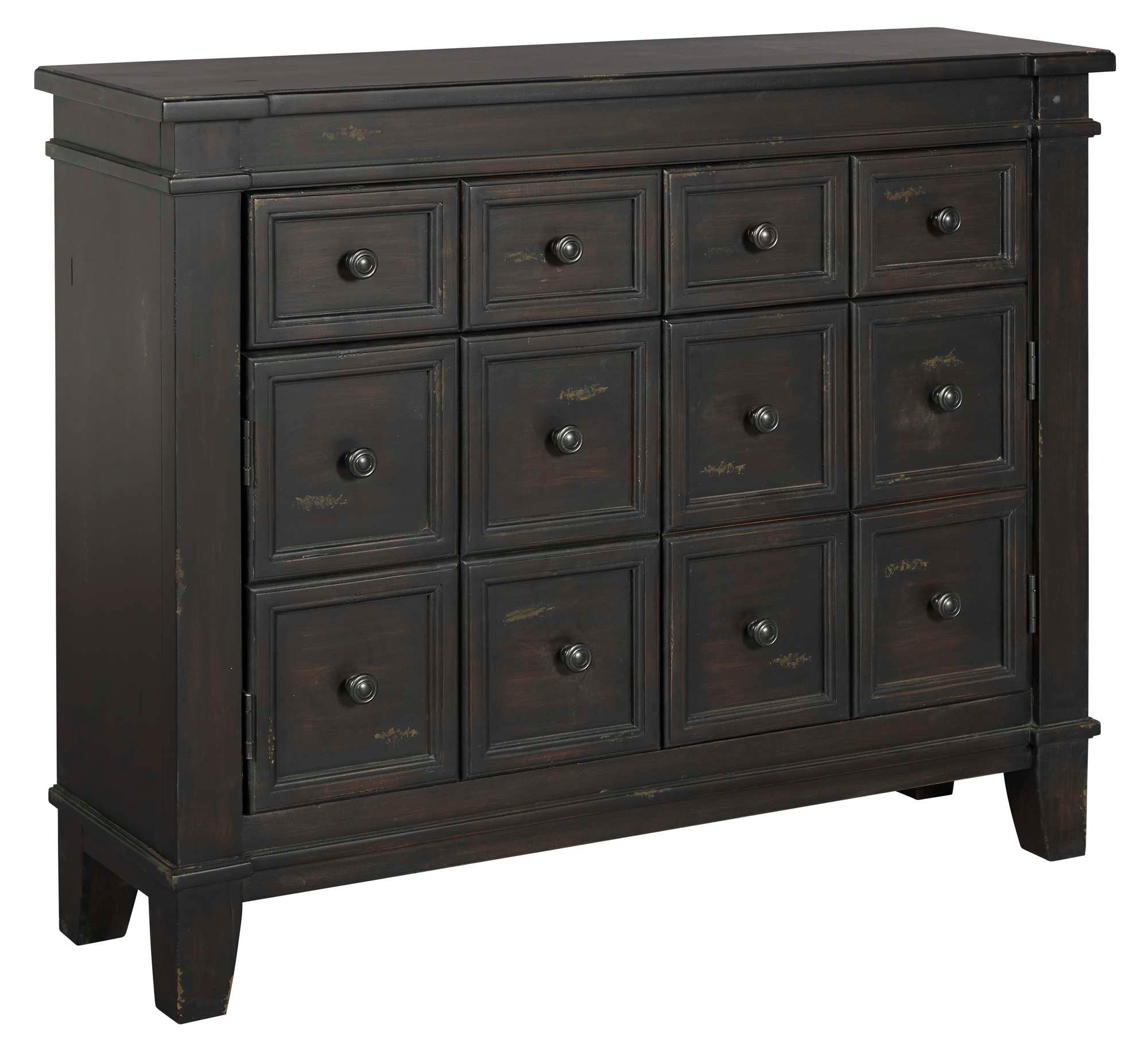 Apothecary style accent chest with dark wood finish, twelve faux drawers front, two hidden top drawers, and square legs