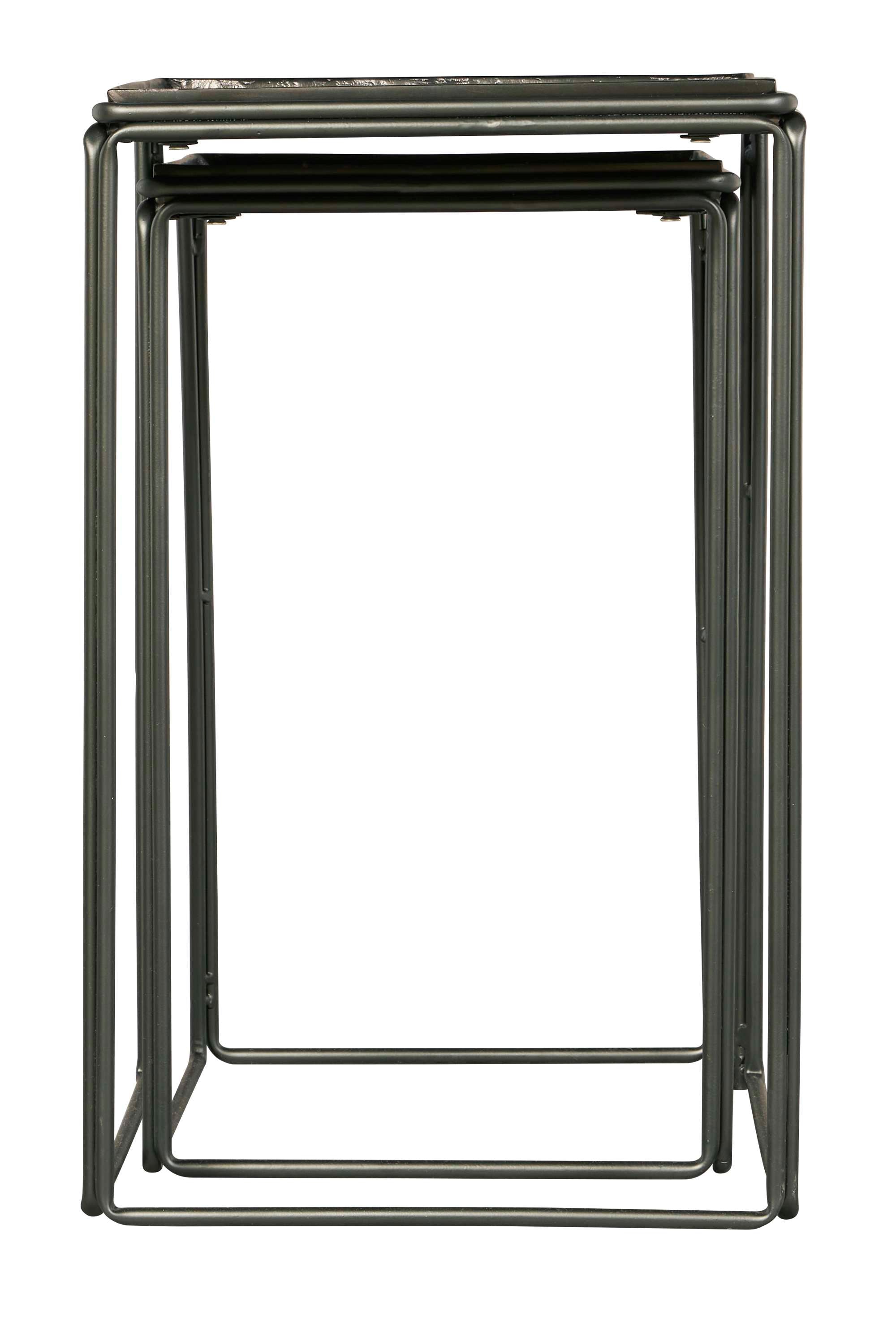Set of nesting tables with dark nickel glazed iron and steel metal tray tops and slim metal frames