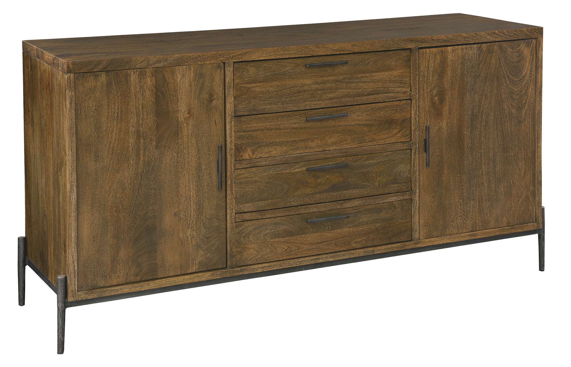 Bedford Park Dining Buffet with mango wood, forged iron base and hardware, two doors, four drawers, and adjustable shelves