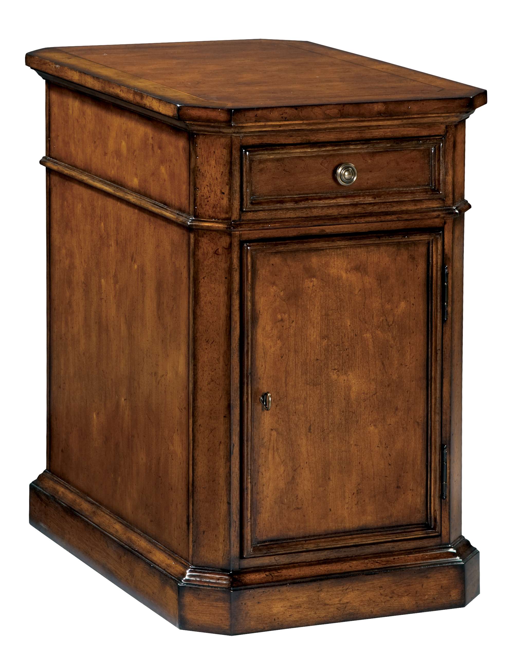 European Legacy chairside chest in macadamia finish with rustic cherry veneers, single drawer, and cabinet door